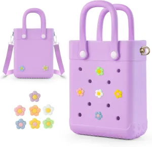 Mini Crossbody Rubber Tote Bag with 7 Charms X-Small Rubber Beach Bag for Little Girls and Woman