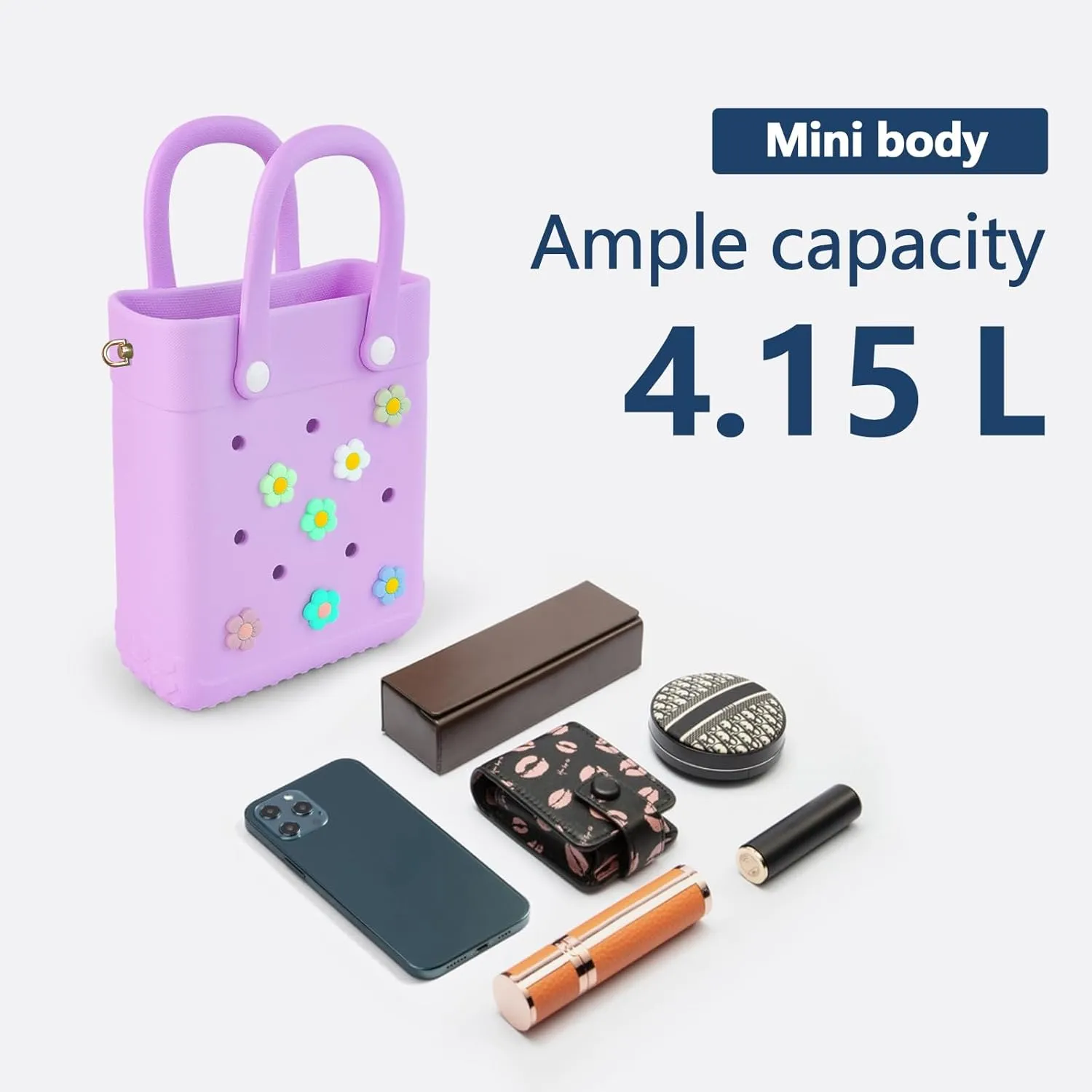 Mini Crossbody Rubber Tote Bag with 7 Charms X-Small Rubber Beach Bag for Little Girls and Woman
