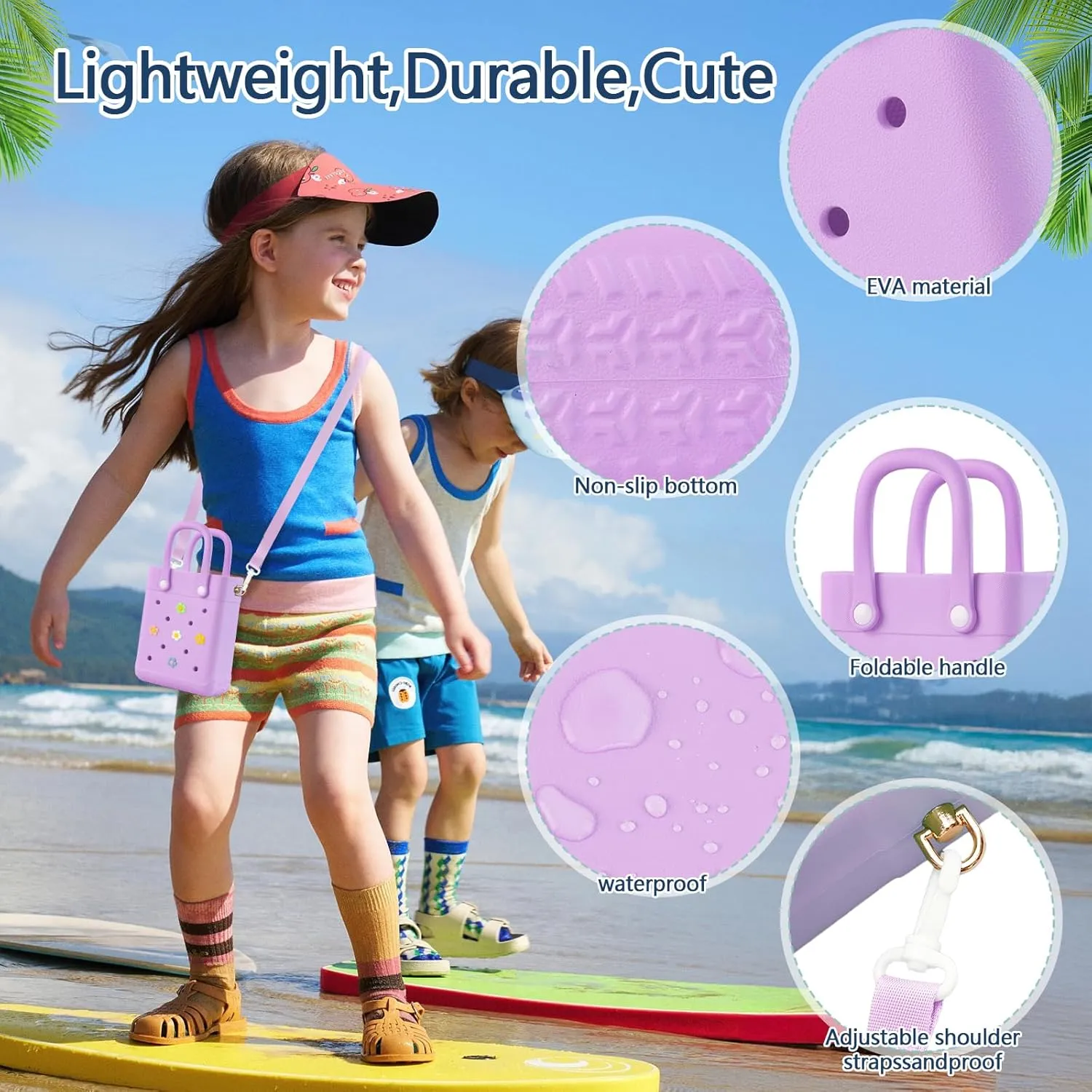 Mini Crossbody Rubber Tote Bag with 7 Charms X-Small Rubber Beach Bag for Little Girls and Woman