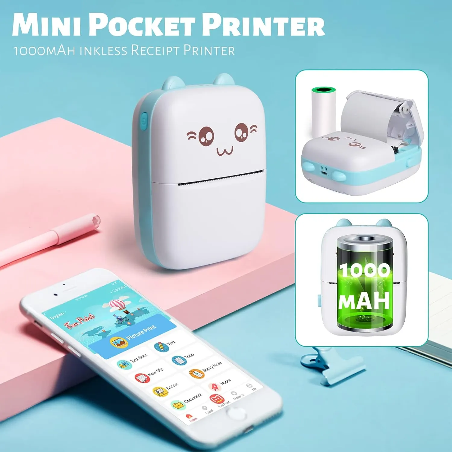 Mini Pocket Bluetooth Printer-Portable Thermal Printer with 10 Roll Papers for Journal/DIY Scrapbook/Travel/Notes/Lists/Label/Memo, Receipt Printer for Children Women Gifts Kids Christmas IOS&Android