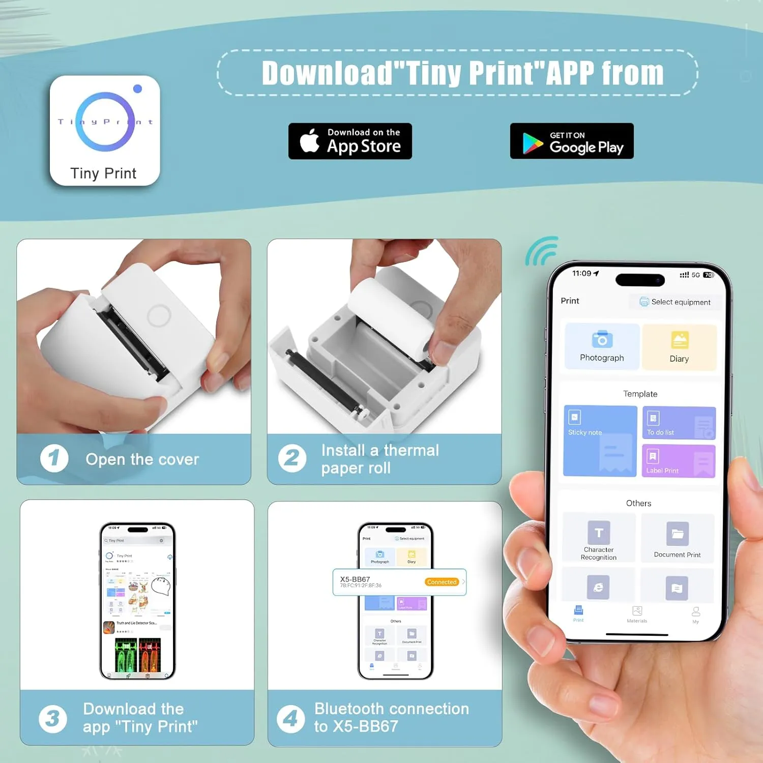 Mini Pocket Bluetooth Printer-Portable Thermal Printer with 10 Roll Papers for Journal/DIY Scrapbook/Travel/Notes/Lists/Label/Memo, Receipt Printer for Children Women Gifts Kids Christmas