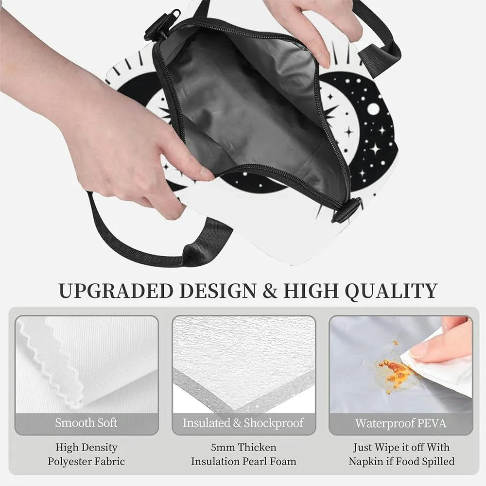 Minimalist black and white line art featuring the phases the moon star Insulated Adult Lunch Bag with Shoulder Strap for Women Lightweight Reusable Portable Freezable Lunch Tote Bag for Work Picnic