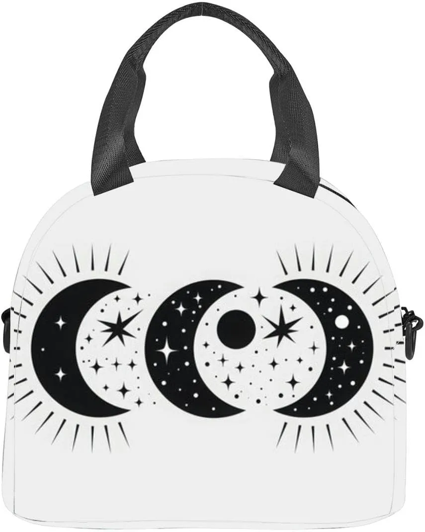 Minimalist black and white line art featuring the phases the moon star Insulated Adult Lunch Bag with Shoulder Strap for Women Lightweight Reusable Portable Freezable Lunch Tote Bag for Work Picnic