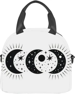 Minimalist black and white line art featuring the phases the moon star Insulated Adult Lunch Bag with Shoulder Strap for Women Lightweight Reusable Portable Freezable Lunch Tote Bag for Work Picnic