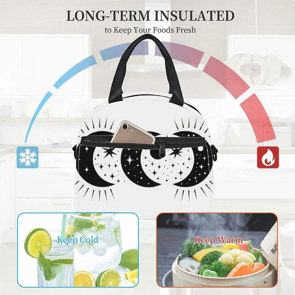 Minimalist black and white line art featuring the phases the moon star Insulated Adult Lunch Bag with Shoulder Strap for Women Lightweight Reusable Portable Freezable Lunch Tote Bag for Work Picnic