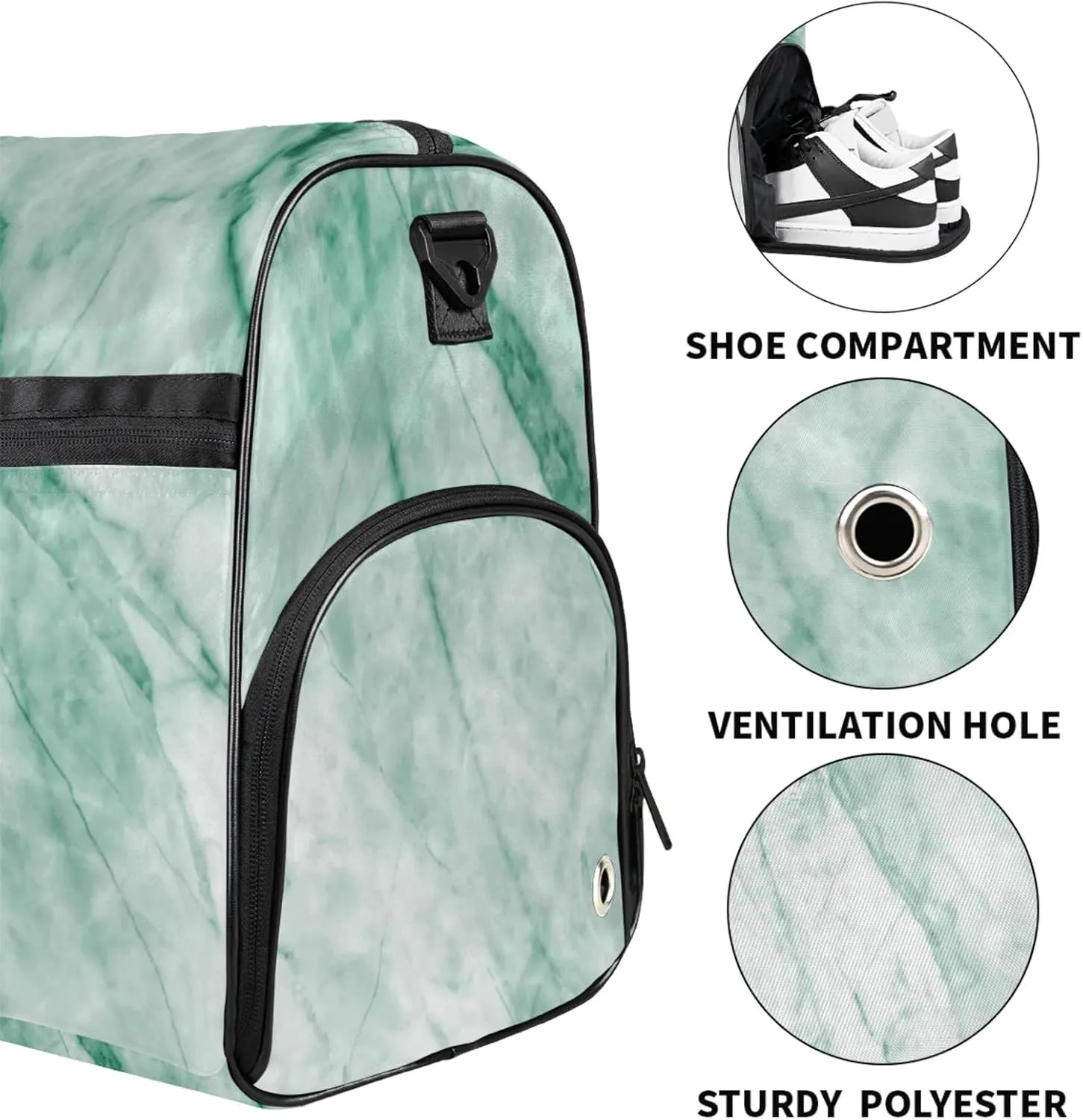 Mint Green Travel Duffle Bag Large Gym Tote Bag for Women, Weekender Bag Carry on Bag for Airplane, Marble Texture Personal Item Travel Bag