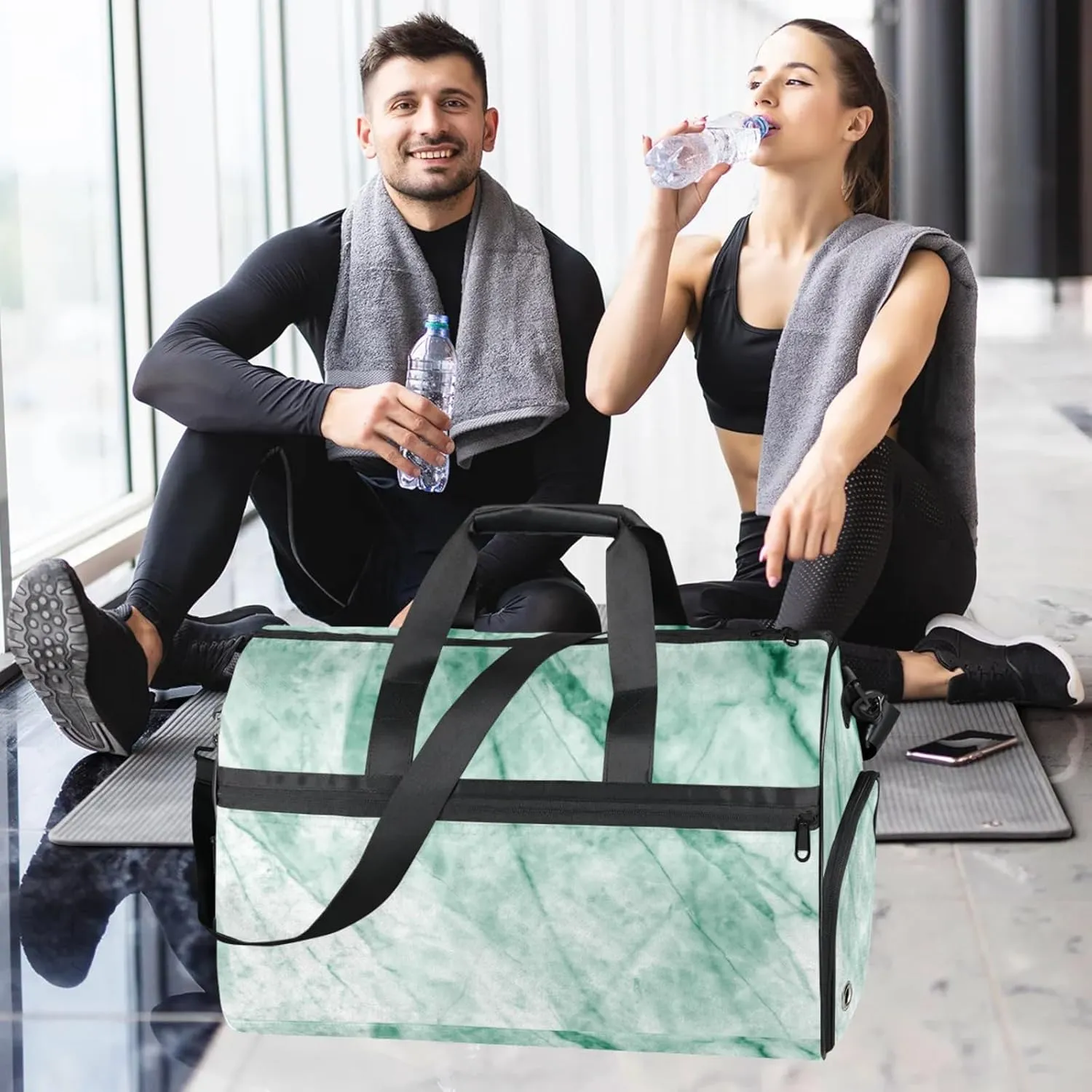 Mint Green Travel Duffle Bag Large Gym Tote Bag for Women, Weekender Bag Carry on Bag for Airplane, Marble Texture Personal Item Travel Bag