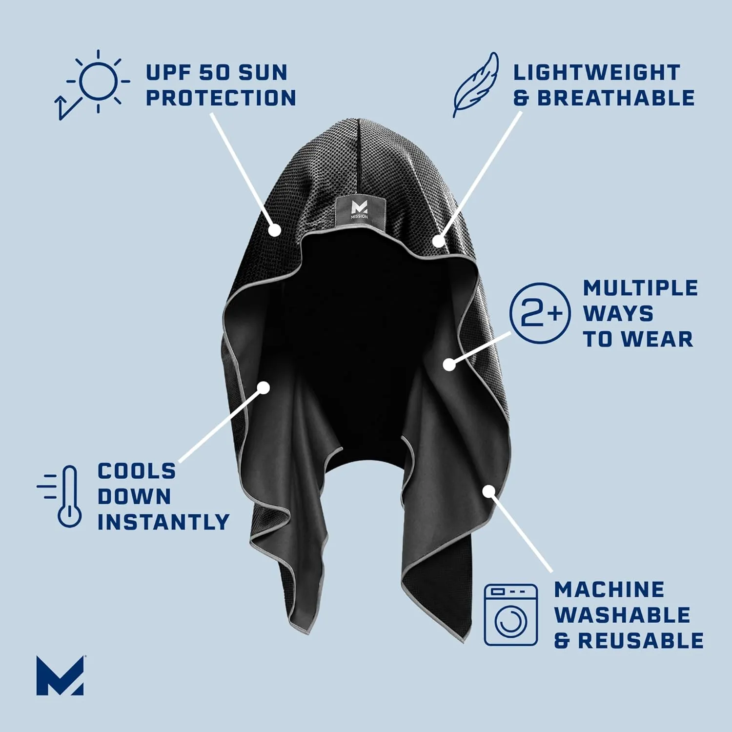 MISSION Cooling Hoodie Towel- Hood Towel, Evaporative Cool Technology, Cools Instantly When Wet, UPF 50 Sun Protection, Contours Your Head to Stay in Place, Great for Sports, Fitness, Gym