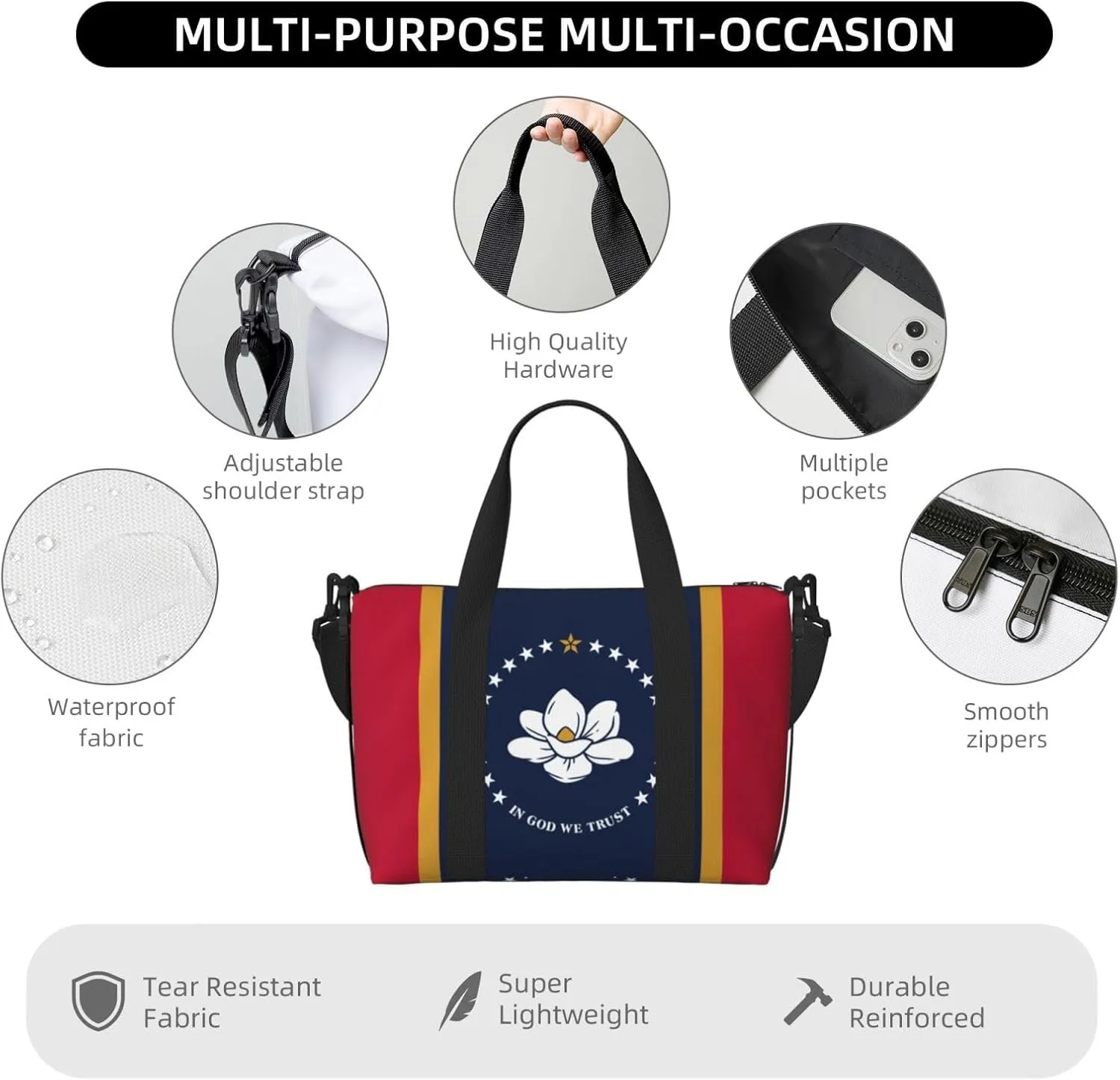 Mississippi State Flag Women Travel Duffel Bag, Large Weekender Carry-On Tote, Gym Workout Bag,Mommy Hospital Bag