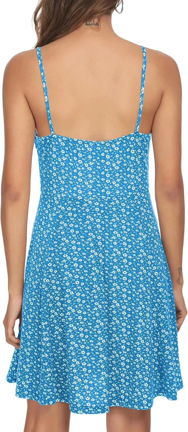 Missufe Spaghetti Strap Floral Mini Dress Women's Casual Ruched Front Drawstring Swing Sundress