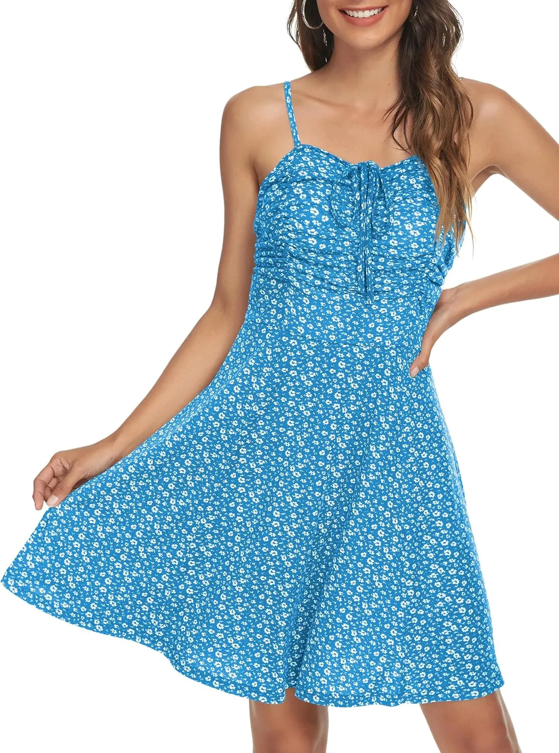 Missufe Spaghetti Strap Floral Mini Dress Women's Casual Ruched Front Drawstring Swing Sundress