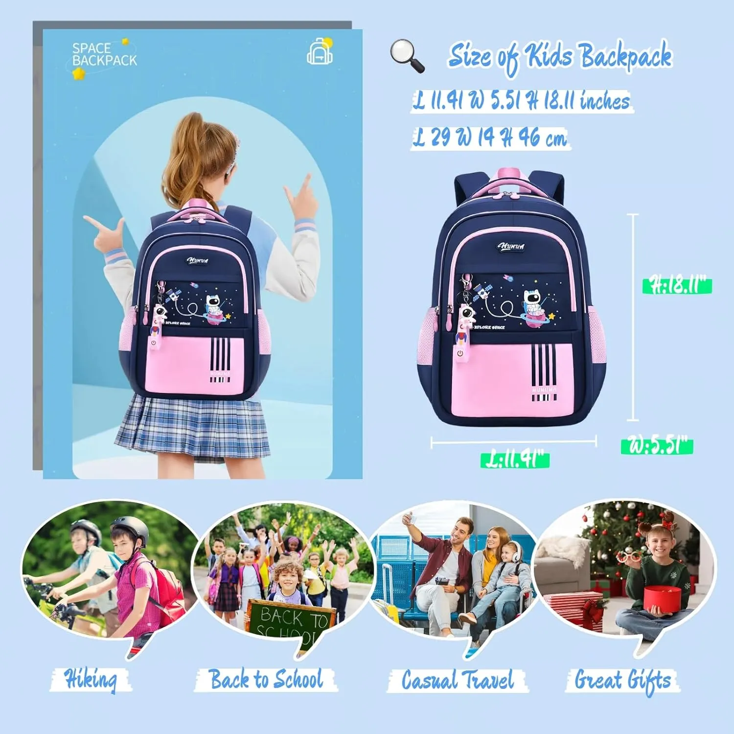 MITOWERMI Astronaut-space Kids Backpack for Girls-Boys Elementary Middle School Backpack Book Bags for Girls Lightweight Back Pack pink-blue
