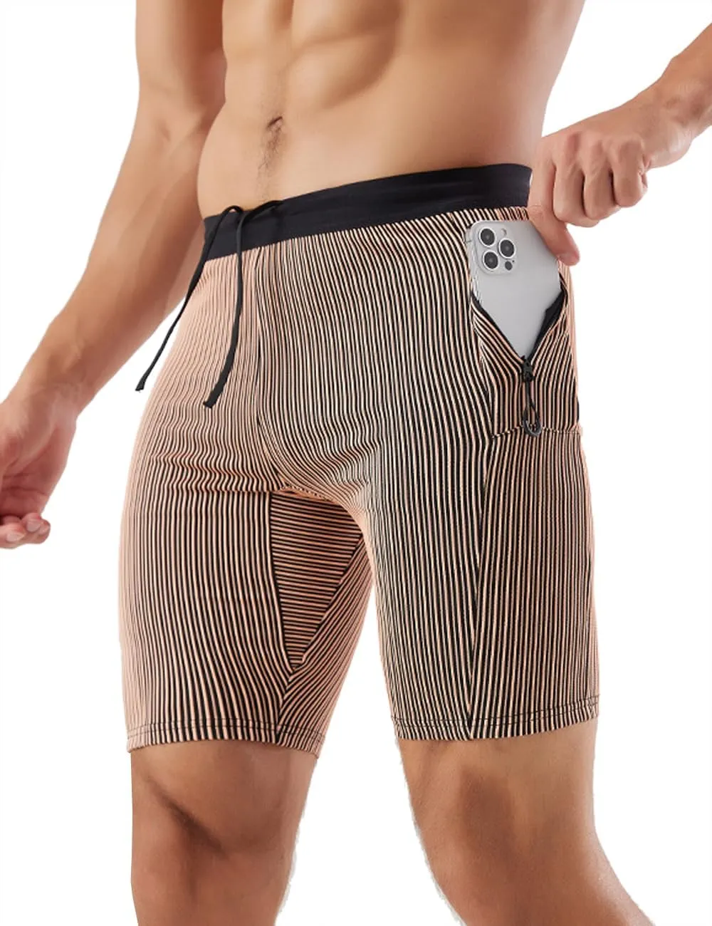 MIZOK Men's Stripe Performance Compression Workout Shorts Tight Gym Athletic Shorts with Pockets