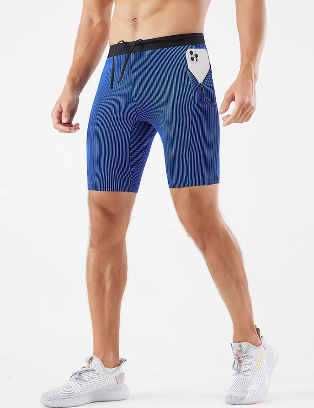 MIZOK Men's Stripe Performance Compression Workout Shorts Tight Gym Athletic Shorts with Pockets