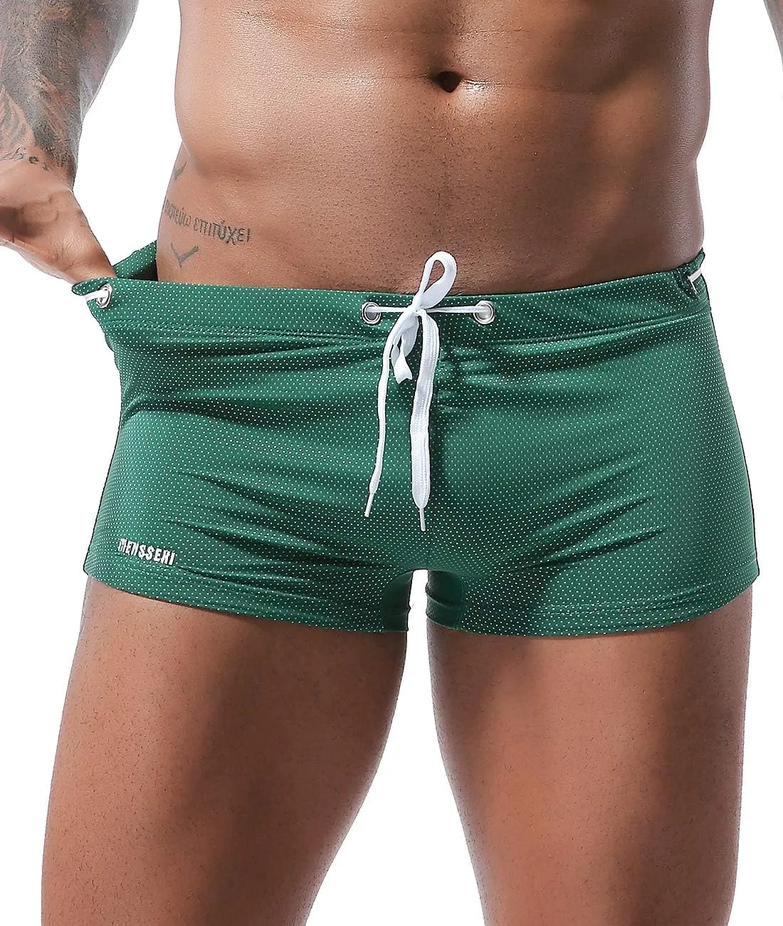 MIZOK Men's Swim Trunk Swimwear Quick Dry Bathing Suit Board Short Sexy Boxer Brief with Drawstring