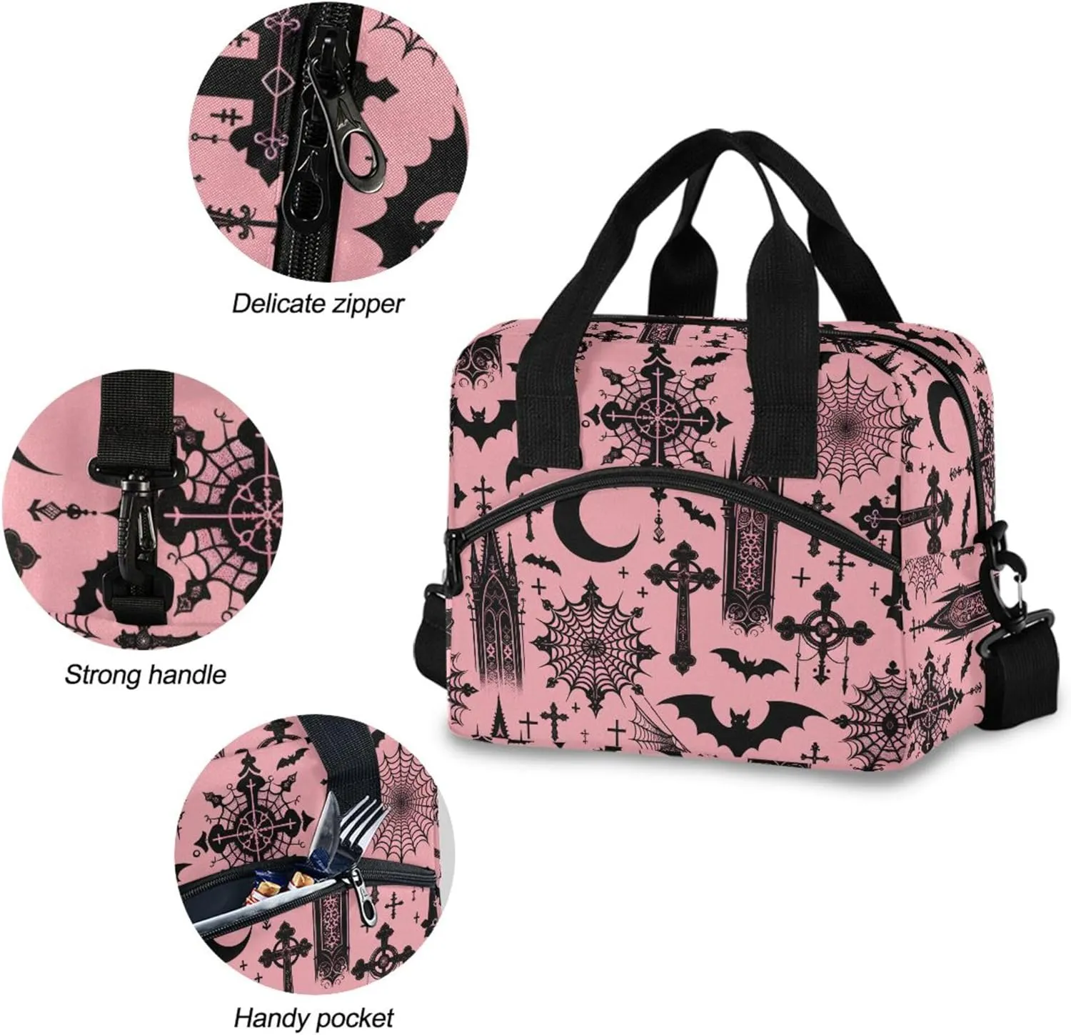 MNSRUU Insulated Lunch Bag Black Gothic Moon Spider Webs and Bats Women Men Fabric Dinner Tote Cooler Bag Reusable Leakproof Lunch Box with Adjustable Shoulder Handles Strap For Work School