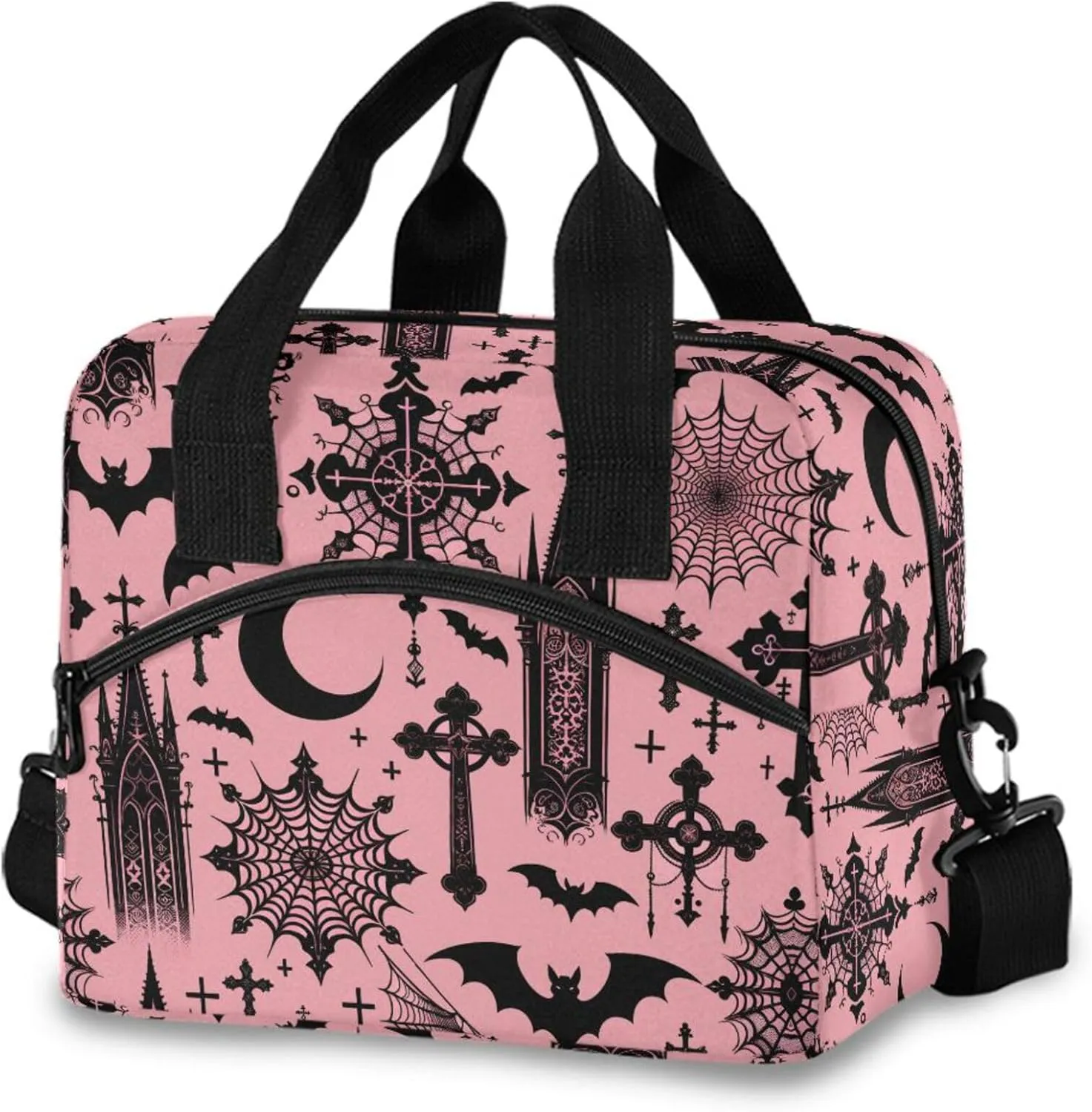 MNSRUU Insulated Lunch Bag Black Gothic Moon Spider Webs and Bats Women Men Fabric Dinner Tote Cooler Bag Reusable Leakproof Lunch Box with Adjustable Shoulder Handles Strap For Work School