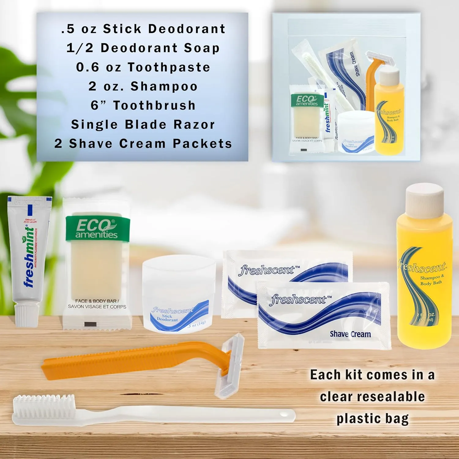 Moda West 24 Kits - Bulk Case of Wholesale Basic Toiletry Kits for Men, Women, Travel, Charity In Pouch With See Thru Window