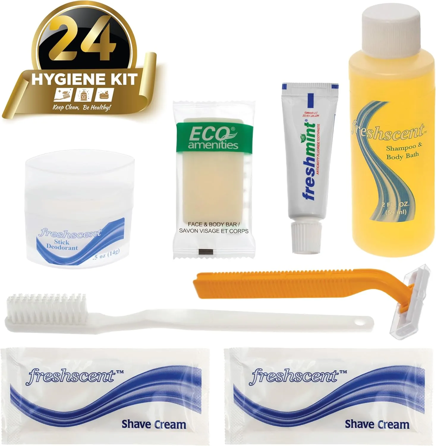 Moda West 24 Kits - Bulk Case of Wholesale Basic Toiletry Kits for Men, Women, Travel, Charity In Pouch With See Thru Window