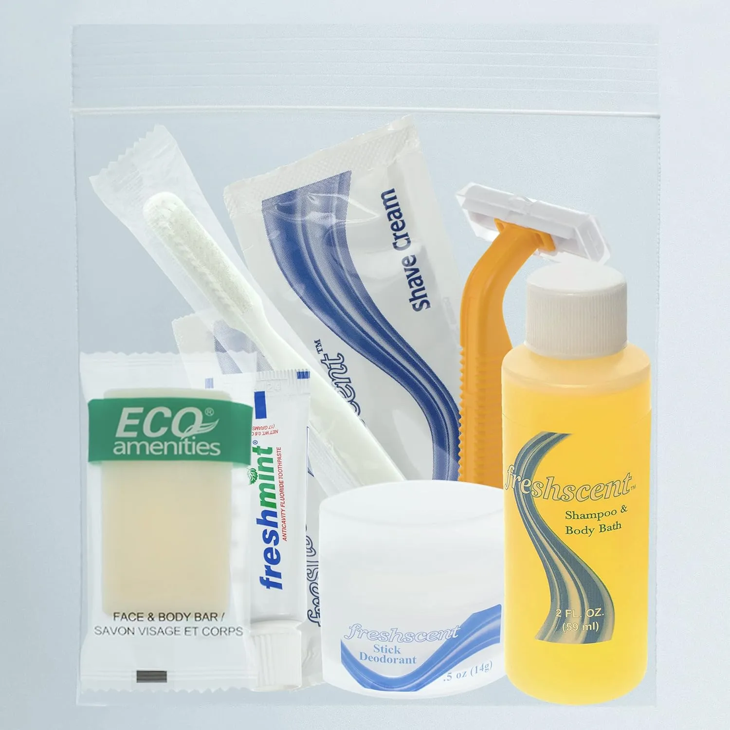 Moda West 24 Kits - Bulk Case of Wholesale Basic Toiletry Kits for Men, Women, Travel, Charity In Pouch With See Thru Window