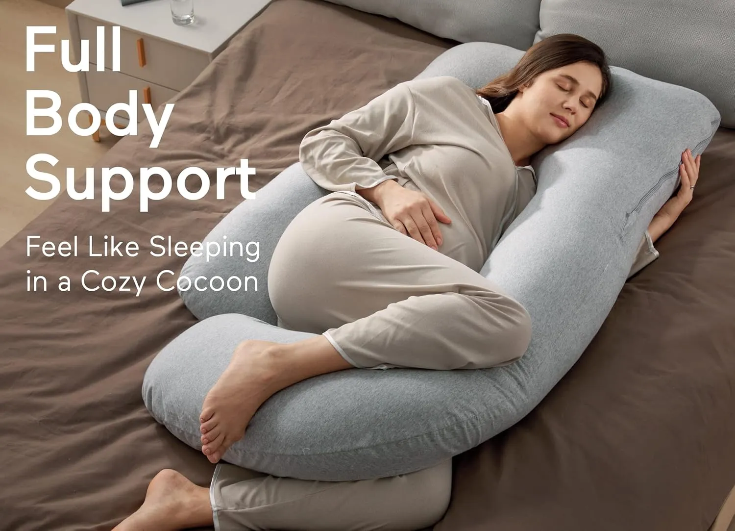 Momcozy U Shaped Pregnancy Pillows with Cotton Removable Cover, 57 Inch Full Body Pillow Maternity Support, Must Have for Pregnant Women, Hatha Grey