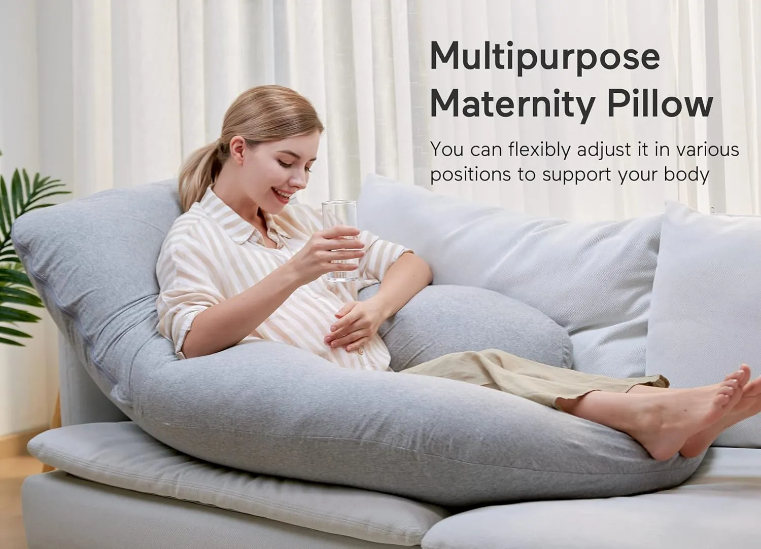 Momcozy U Shaped Pregnancy Pillows with Cotton Removable Cover, 57 Inch Full Body Pillow Maternity Support, Must Have for Pregnant Women, Hatha Grey