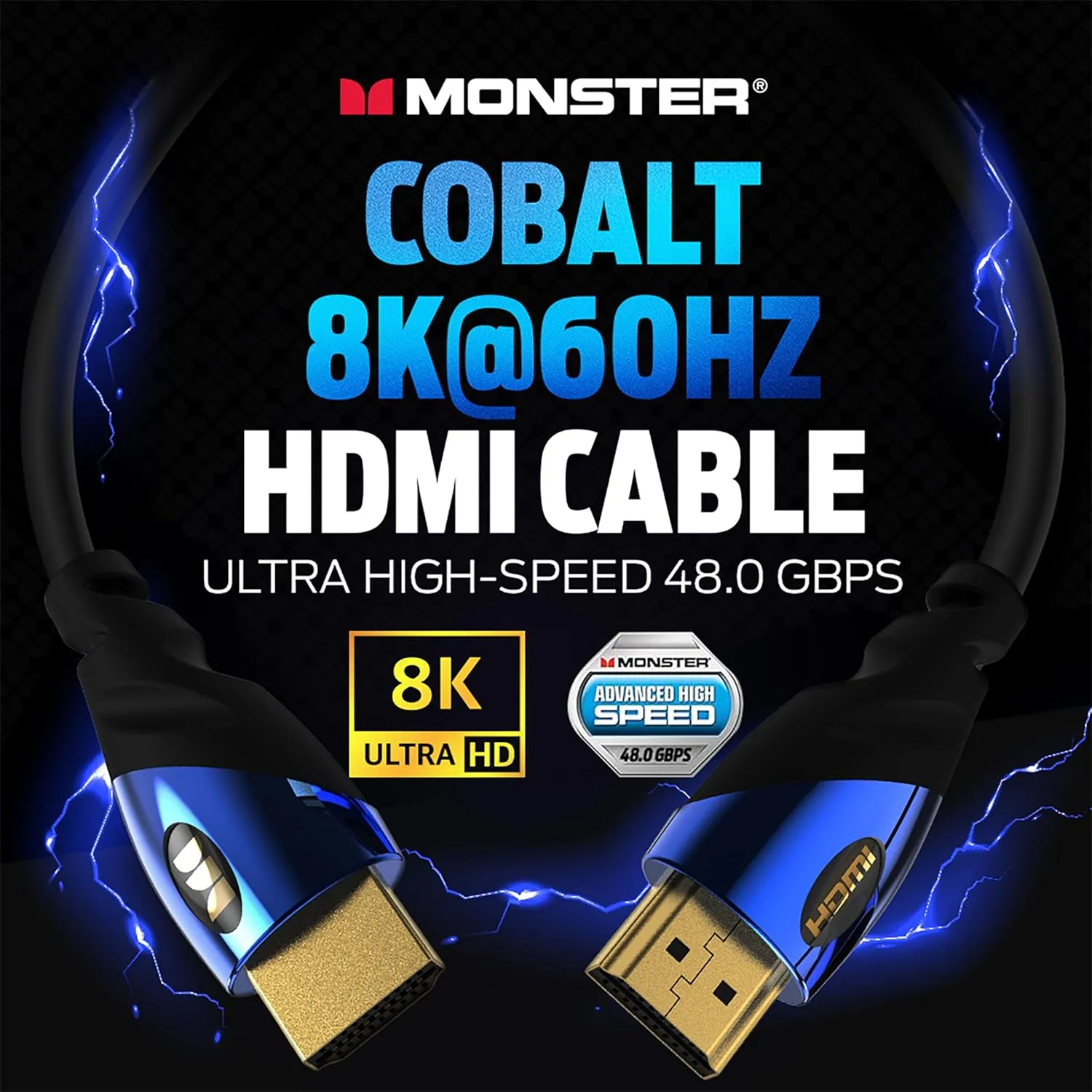 Monster 4Ft Ultra High-Speed Cobalt 2.1 HDMI Electronic Cable 48Gbps with eARC 8K at 60Hz for Superior Video Sound Quality for PlayStation PS5, Xbox Series X, Roku, Television, Laptop, Monitor, PC