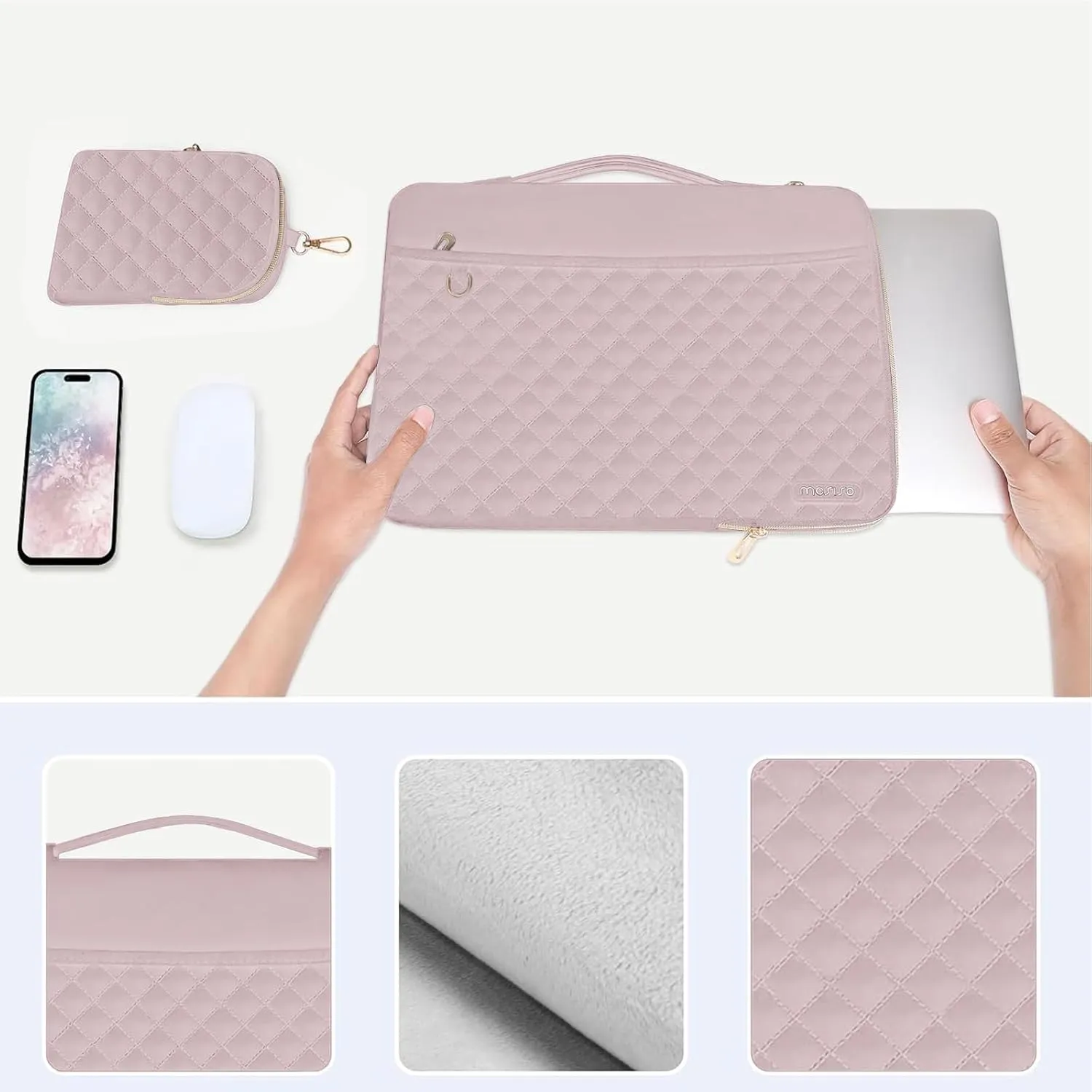 MOSISO 13-14 inch 360 Protective Laptop Sleeve, Compatible with MacBook Air/Pro 13/Pro 14 inch, 13.3 inch Carrying Case Square Quilted Side Open Bag with Horizontal Pockets&Small Case&Belt, Pink