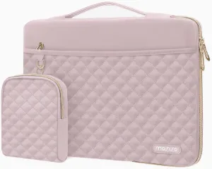 MOSISO 13-14 inch 360 Protective Laptop Sleeve, Compatible with MacBook Air/Pro 13/Pro 14 inch, 13.3 inch Carrying Case Square Quilted Side Open Bag with Horizontal Pockets&Small Case&Belt, Pink
