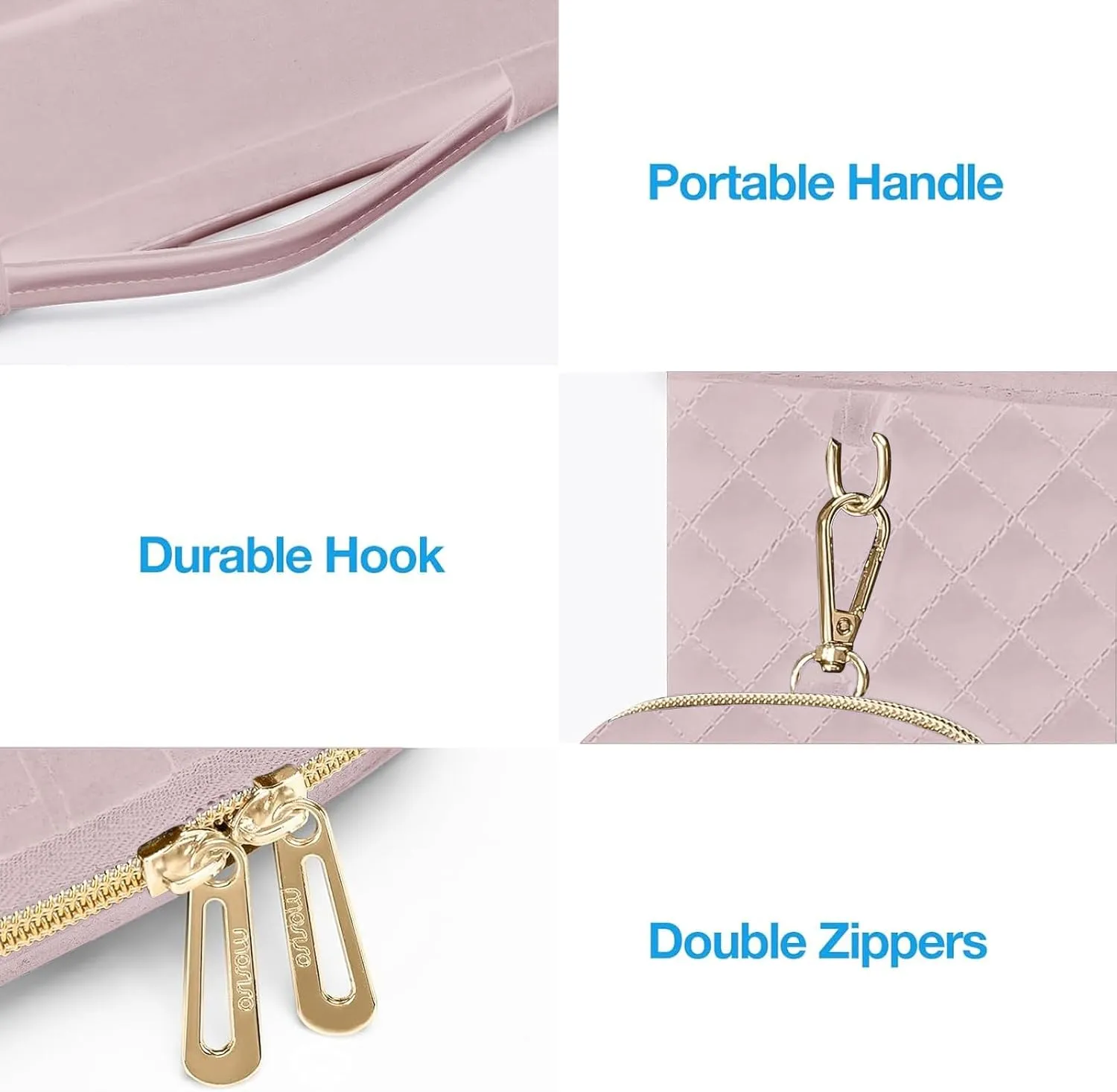 MOSISO 13-14 inch 360 Protective Laptop Sleeve, Compatible with MacBook Air/Pro 13/Pro 14 inch, 13.3 inch Carrying Case Square Quilted Side Open Bag with Horizontal Pockets&Small Case&Belt, Pink