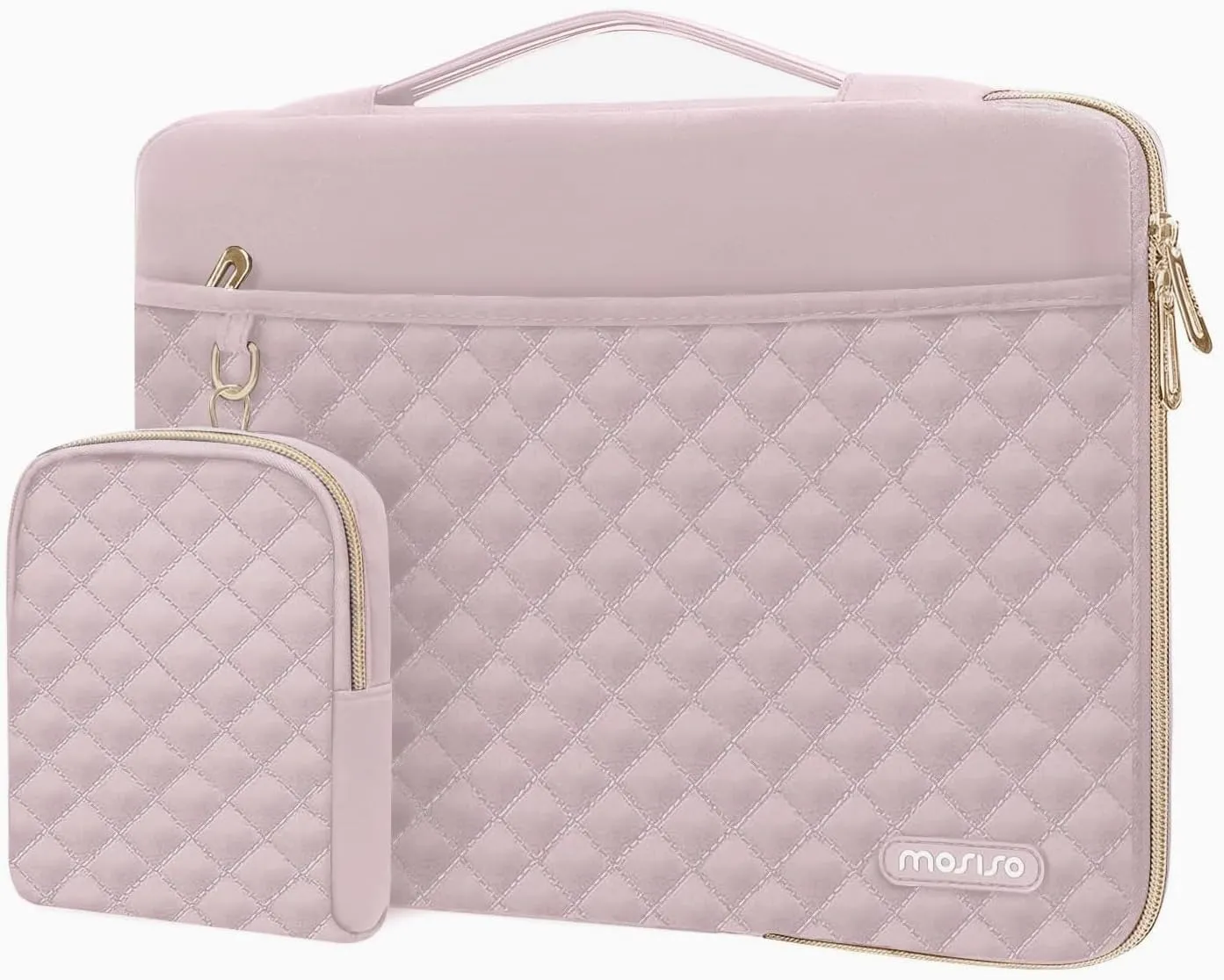 MOSISO 13-14 inch 360 Protective Laptop Sleeve, Compatible with MacBook Air/Pro 13/Pro 14 inch, 13.3 inch Carrying Case Square Quilted Side Open Bag with Horizontal Pockets&Small Case&Belt, Pink