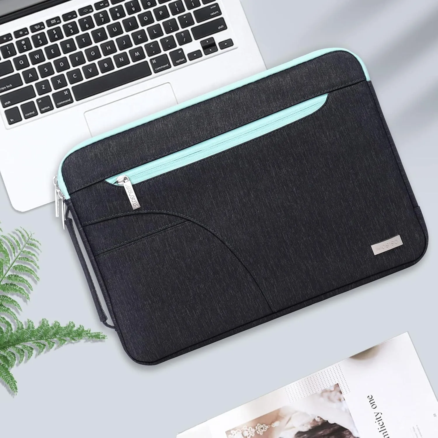 MOSISO Laptop Shoulder Bag Compatible with MacBook Air 15 inch M2 A2941 2023 / Pro 15 A1990 A1707, 15 inch Surface Laptop 5/4/3, HP Stream 14, Polyester Briefcase Sleeve with Front Arc Pocket,Blue