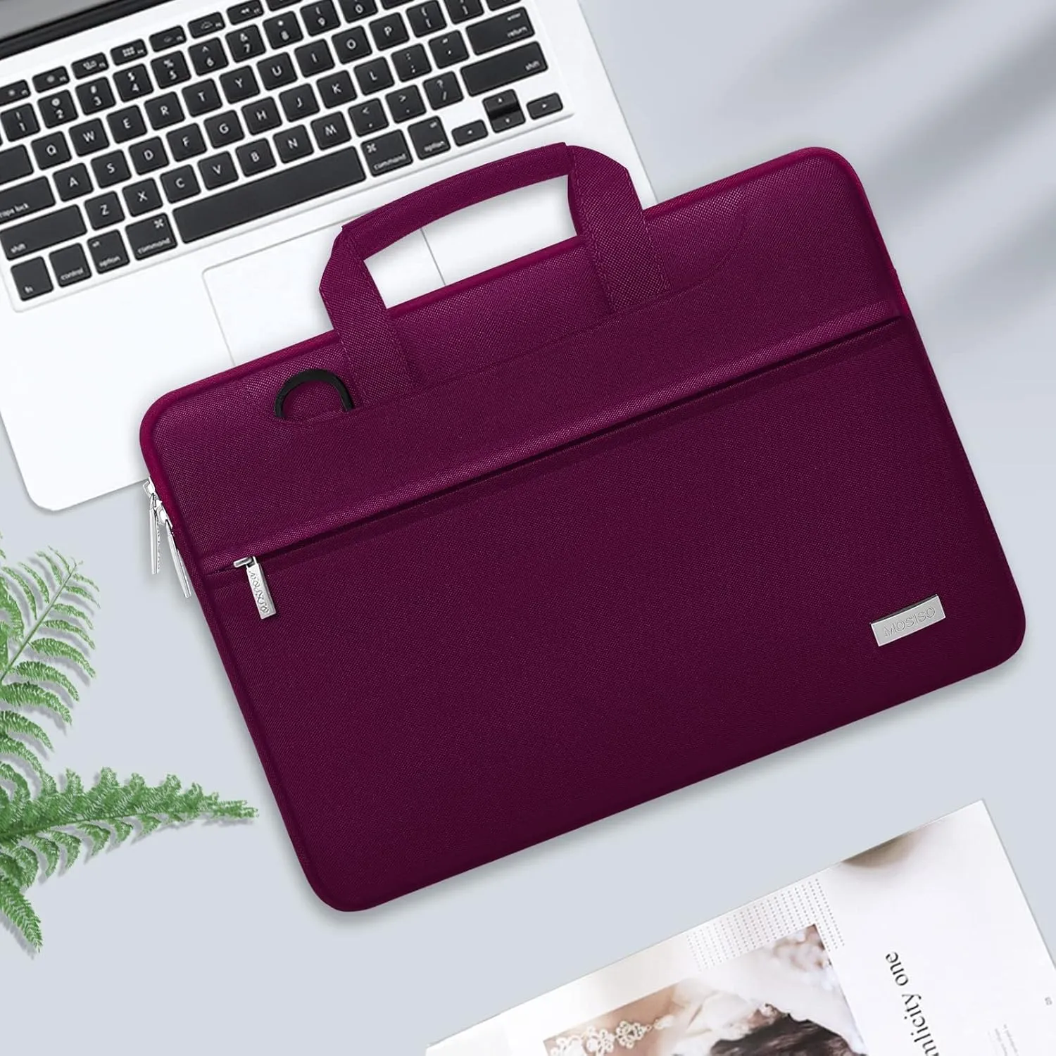 MOSISO Laptop Shoulder Bag Compatible with MacBook Air/Pro,13-13.3 inch Notebook,Compatible with MacBook Pro 14 inch 2023-2021 A2779 M2 A2442 M1, Polyester Sleeve with Back Trolley Belt, Burgundy