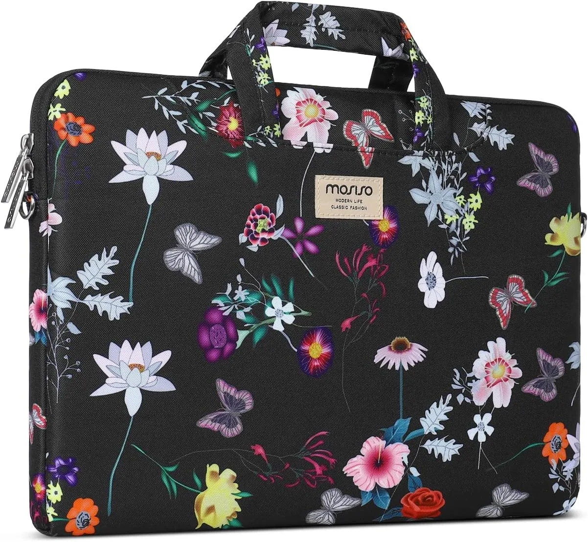 MOSISO Laptop Shoulder Bag Compatible with MacBook Air/Pro,13-13.3 inch Notebook,Compatible with MacBook Pro 14 inch 2023-2021 A2779 M2 A2442 M1, Seasons Flowers Polyester Sleeve Case with Belt, Black