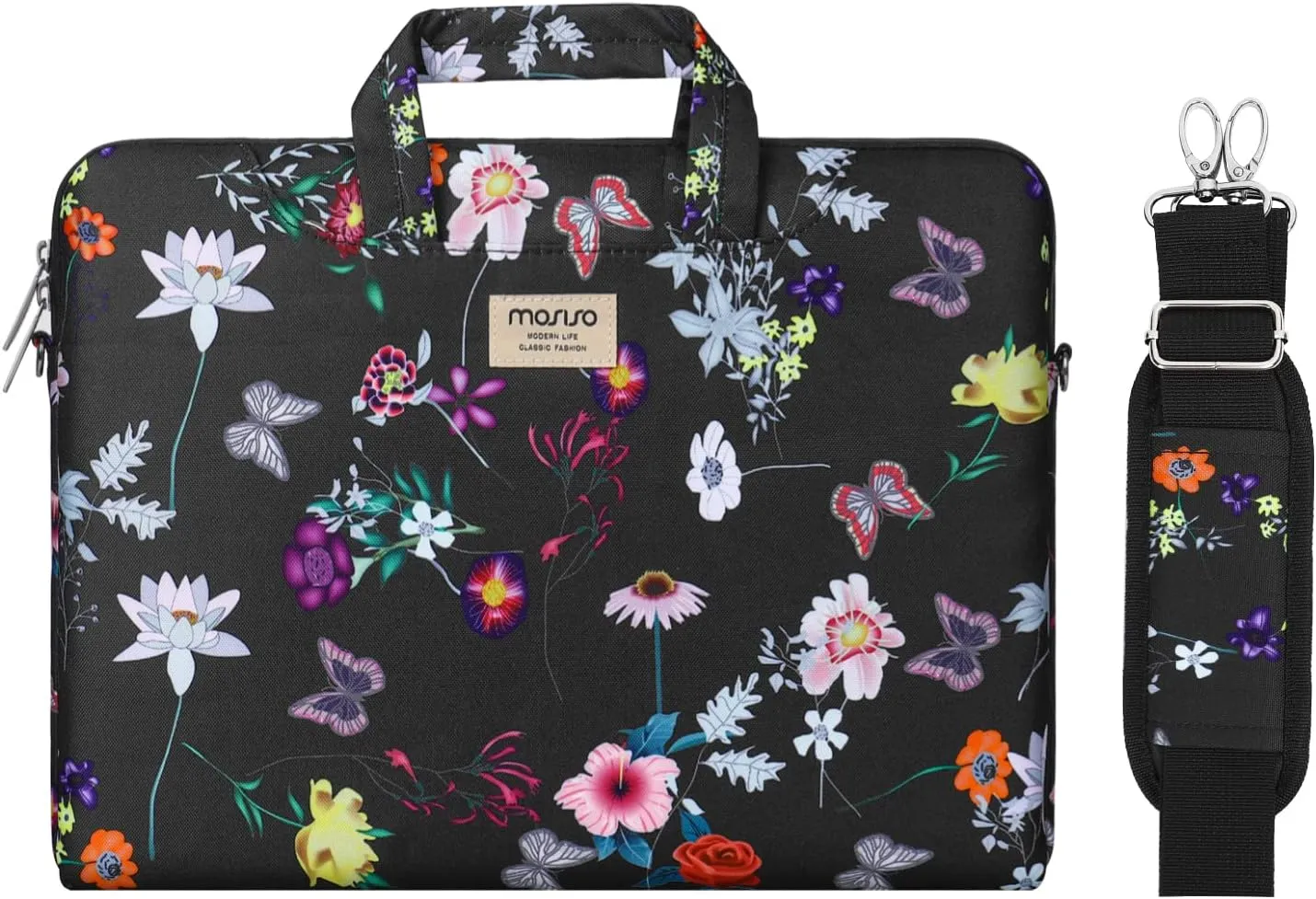 MOSISO Laptop Shoulder Bag Compatible with MacBook Air/Pro,13-13.3 inch Notebook,Compatible with MacBook Pro 14 inch 2023-2021 A2779 M2 A2442 M1, Seasons Flowers Polyester Sleeve Case with Belt, Black