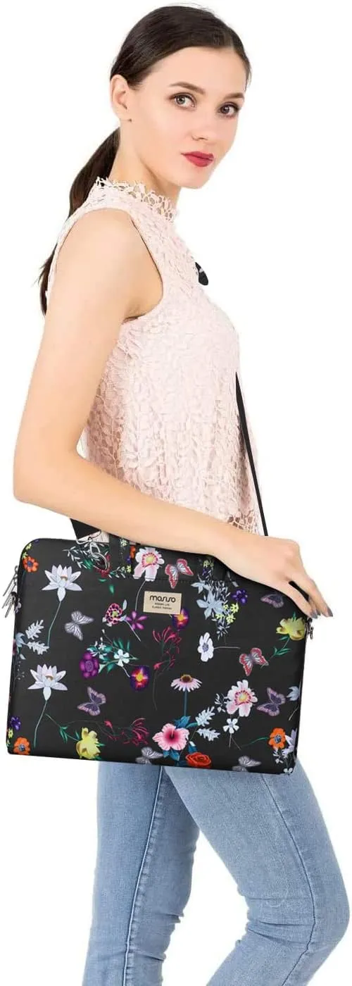 MOSISO Laptop Shoulder Bag Compatible with MacBook Air/Pro,13-13.3 inch Notebook,Compatible with MacBook Pro 14 inch 2023-2021 A2779 M2 A2442 M1, Seasons Flowers Polyester Sleeve Case with Belt, Black