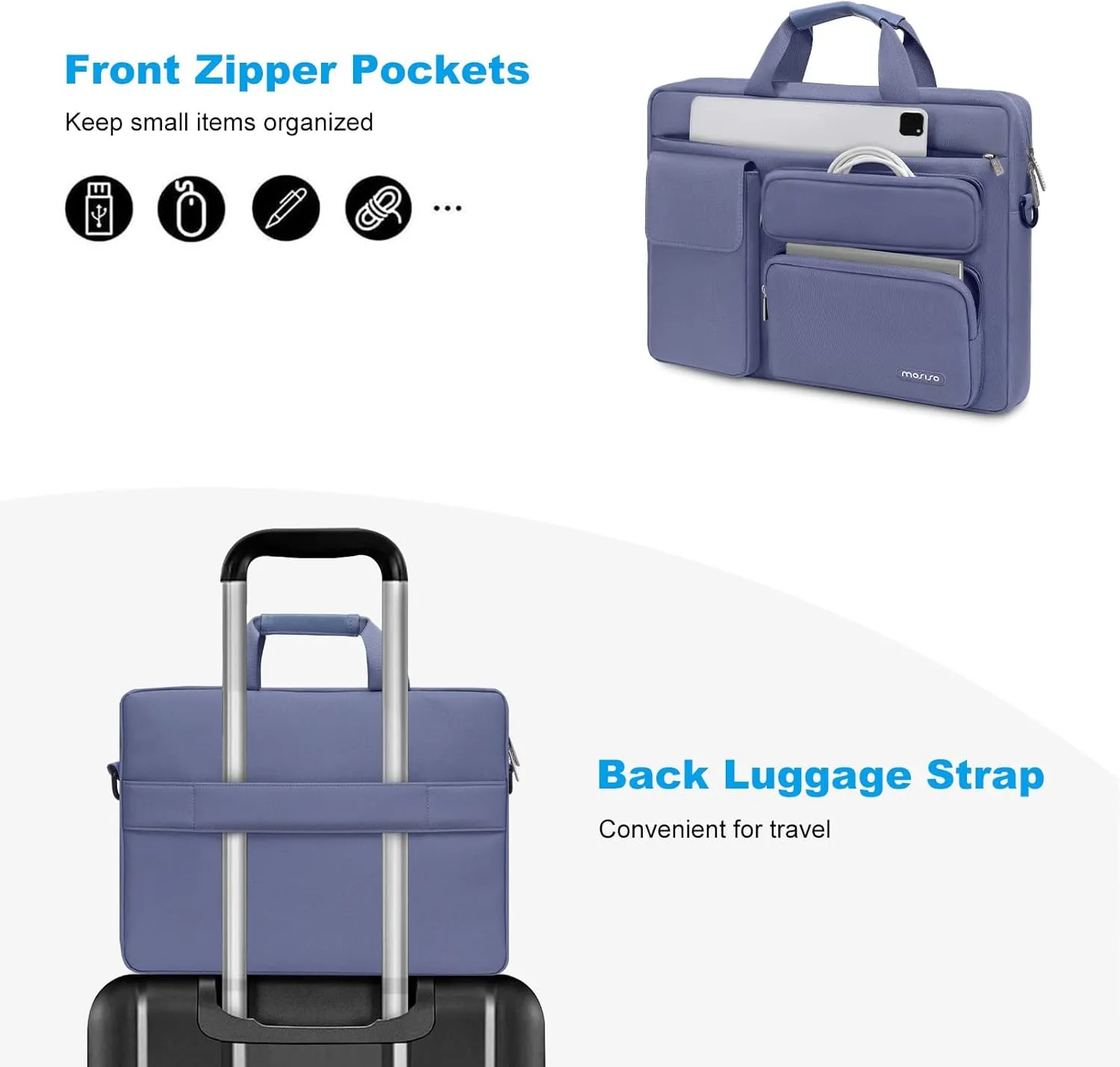 MOSISO Laptop Shoulder Bag Compatible with MacBook Air/Pro,13-13.3 inch Notebook,Compatible with MacBook Pro 14 inch M4 M3 M2 M1 with 2 Raised&1 Flapover&1 Horizontal Pocket&Handle&Belt, Lavender Gray