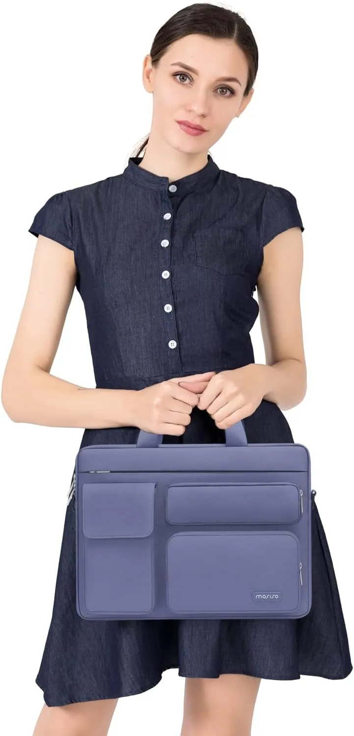 MOSISO Laptop Shoulder Bag Compatible with MacBook Air/Pro,13-13.3 inch Notebook,Compatible with MacBook Pro 14 inch M4 M3 M2 M1 with 2 Raised&1 Flapover&1 Horizontal Pocket&Handle&Belt, Lavender Gray
