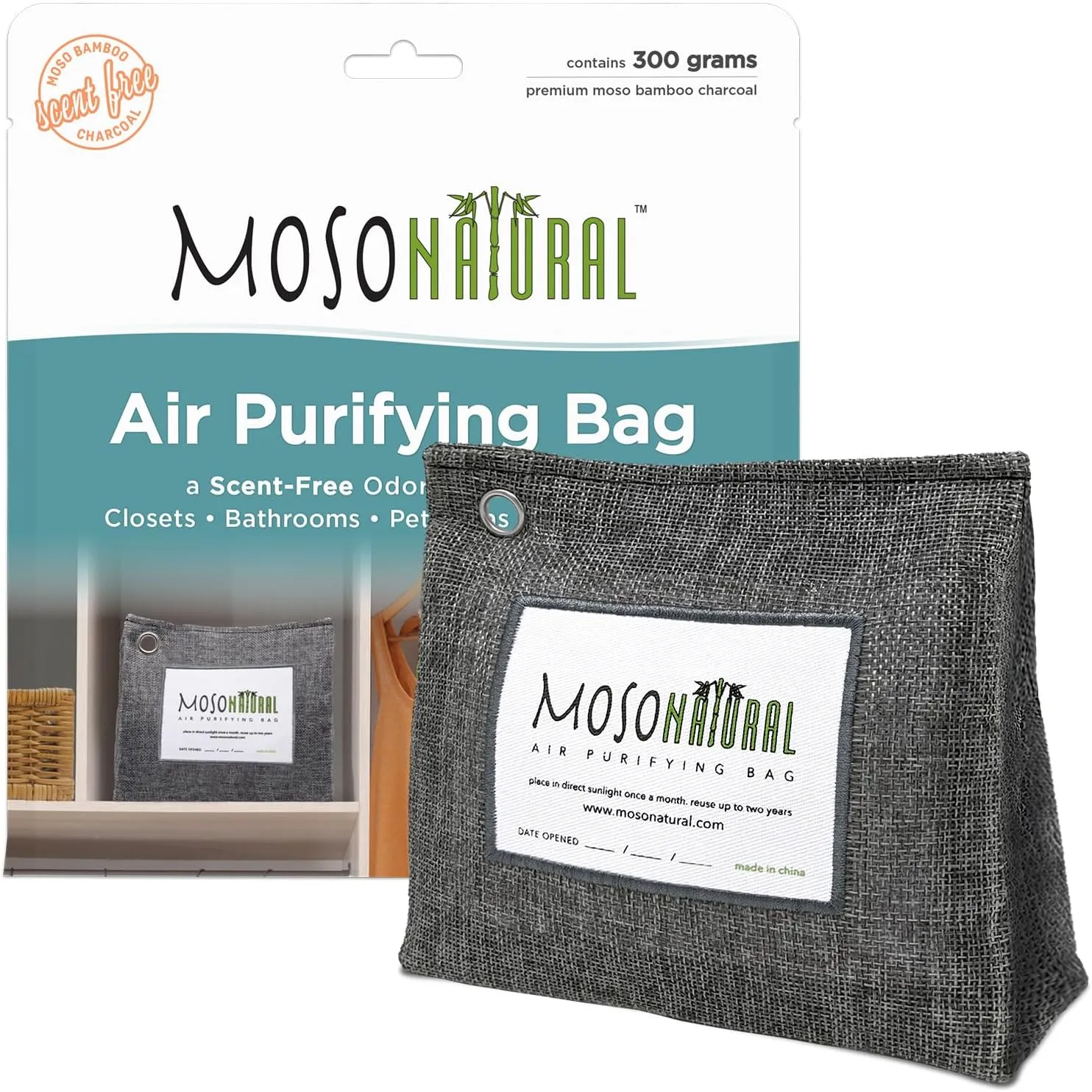 Moso Natural Air Purifying Bag 300g (10.58oz) Premium Bamboo Charcoal Odor Absorber for Home & Pet | Closet Odor Eliminator & Small Room Deodorizer | Charcoal Bags Last 2 Years | Unscented