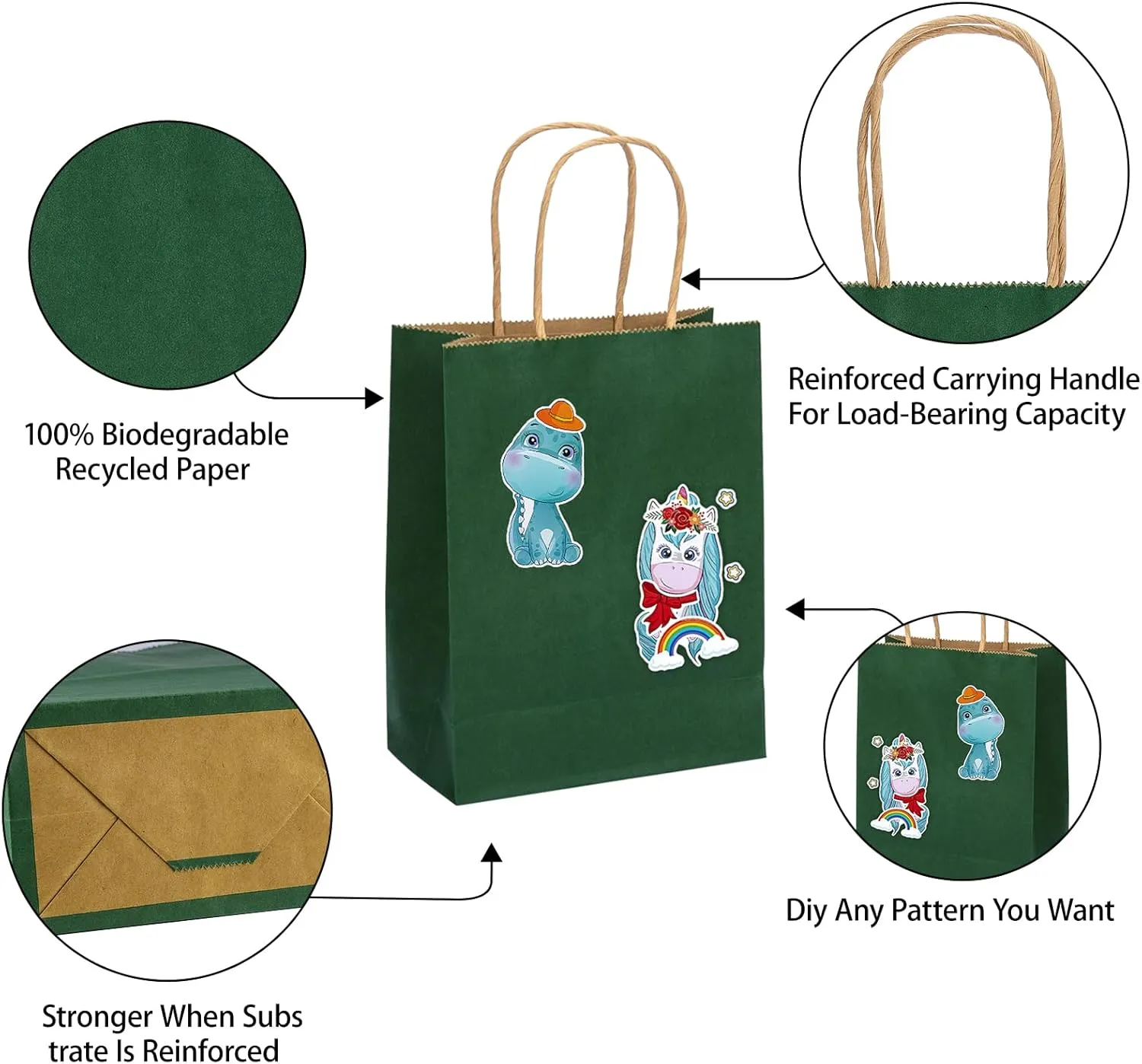 MOZRRO Gift Bags, 100 Pack 10.5x8.5x4.5 Inch, Paper Bags with Handles, Medium Size, Forest Green Gift Bag for Birthday, Wedding, Bulk, Party, Lunch, Goodie