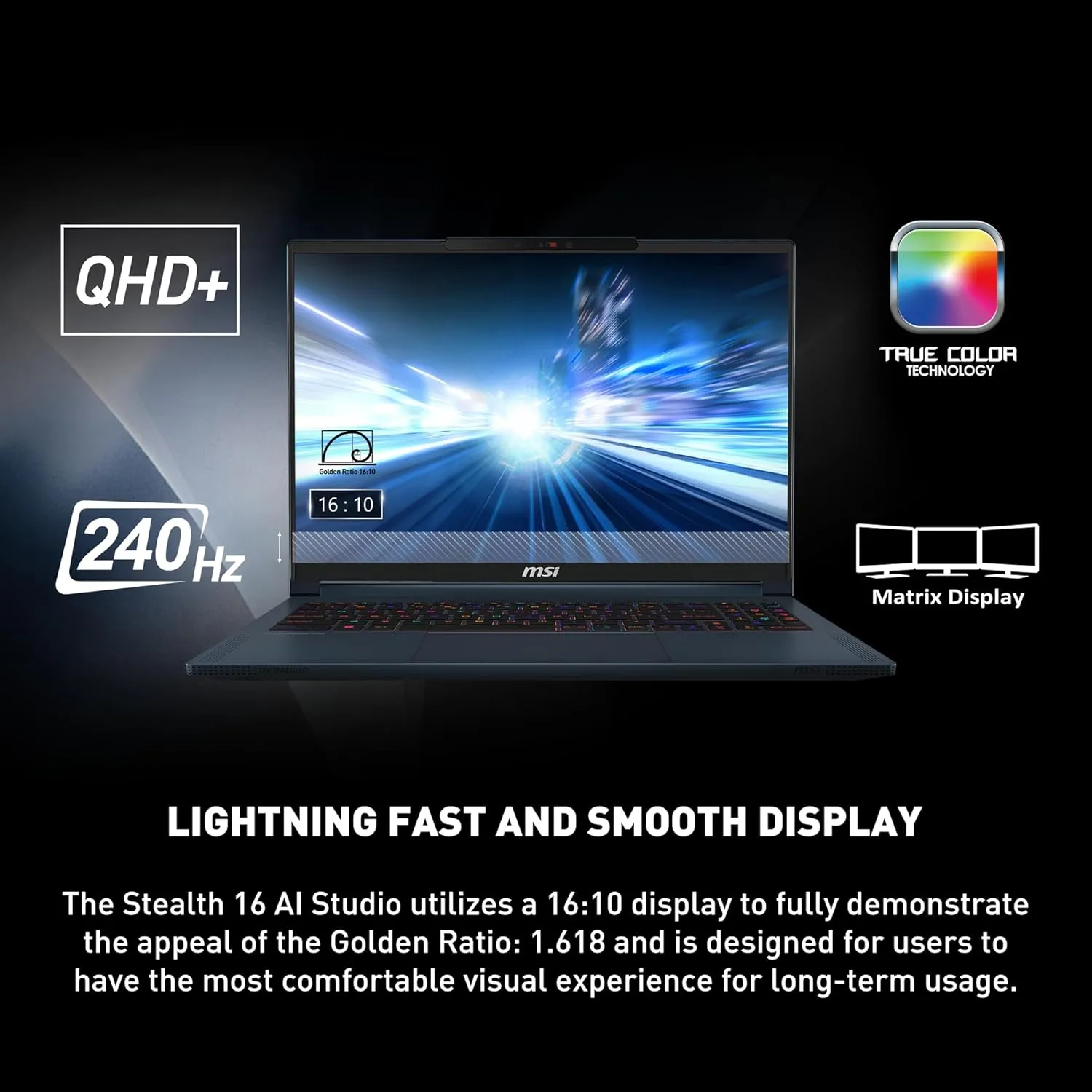 MSI Stealth 16 AI Studio 16” 240Hz QHD  Gaming Laptop: Intel Core Ultra 9-185H, NVIDIA Geforce RTX 4070, 64GB DDR5, 1TB NVMe SSD, Thunderbolt 4, Win 11 Pro: Star Blue A1VGG-036US