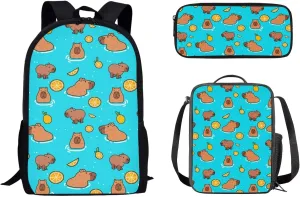 Mumeson Capybara Backpack Kids Schoolbag Set Elementary School Middle School Backpack Daypack with Thermal Lunch Bag Pencil Bag Cute Cartoon Animal 3 Pack Set