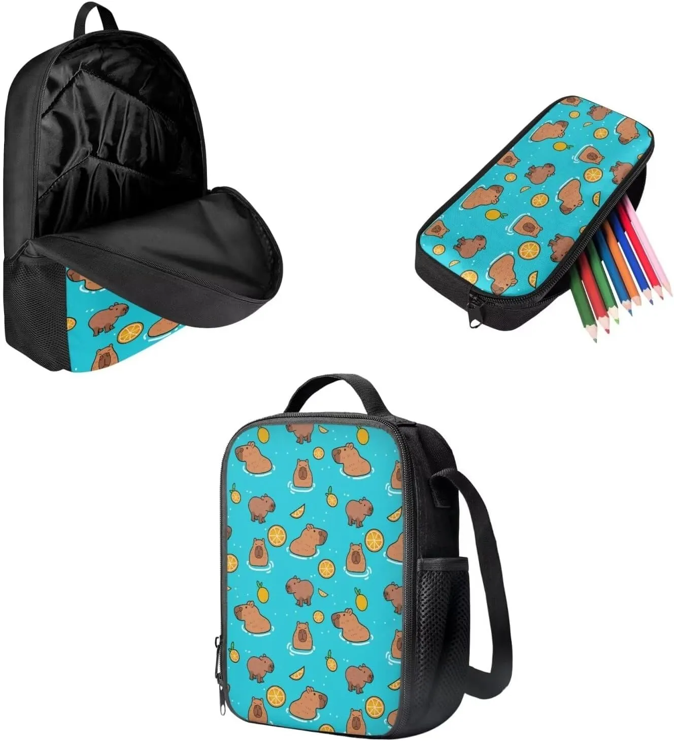 Mumeson Capybara Backpack Kids Schoolbag Set Elementary School Middle School Backpack Daypack with Thermal Lunch Bag Pencil Bag Cute Cartoon Animal 3 Pack Set
