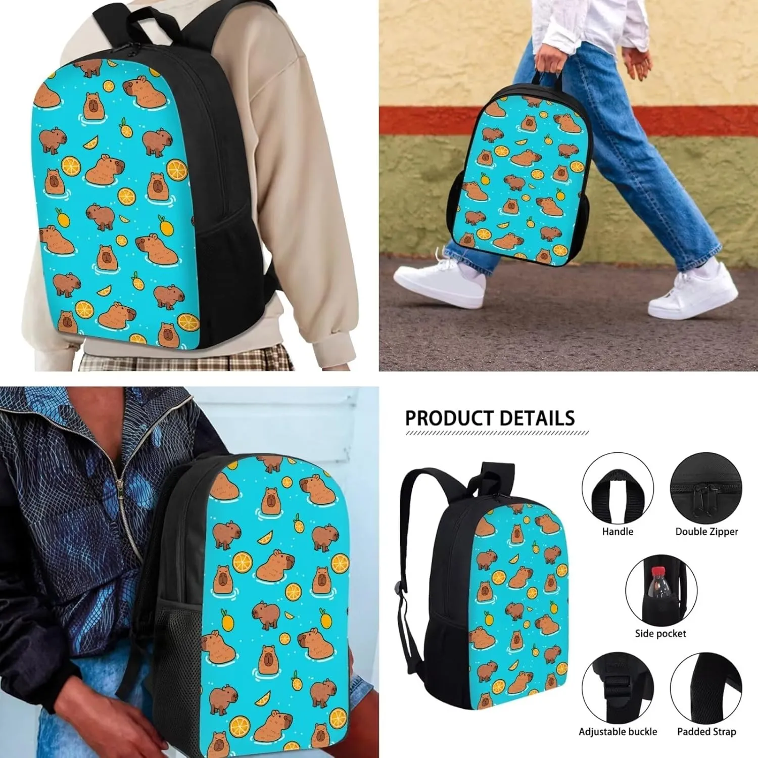 Mumeson Capybara Backpack Kids Schoolbag Set Elementary School Middle School Backpack Daypack with Thermal Lunch Bag Pencil Bag Cute Cartoon Animal 3 Pack Set