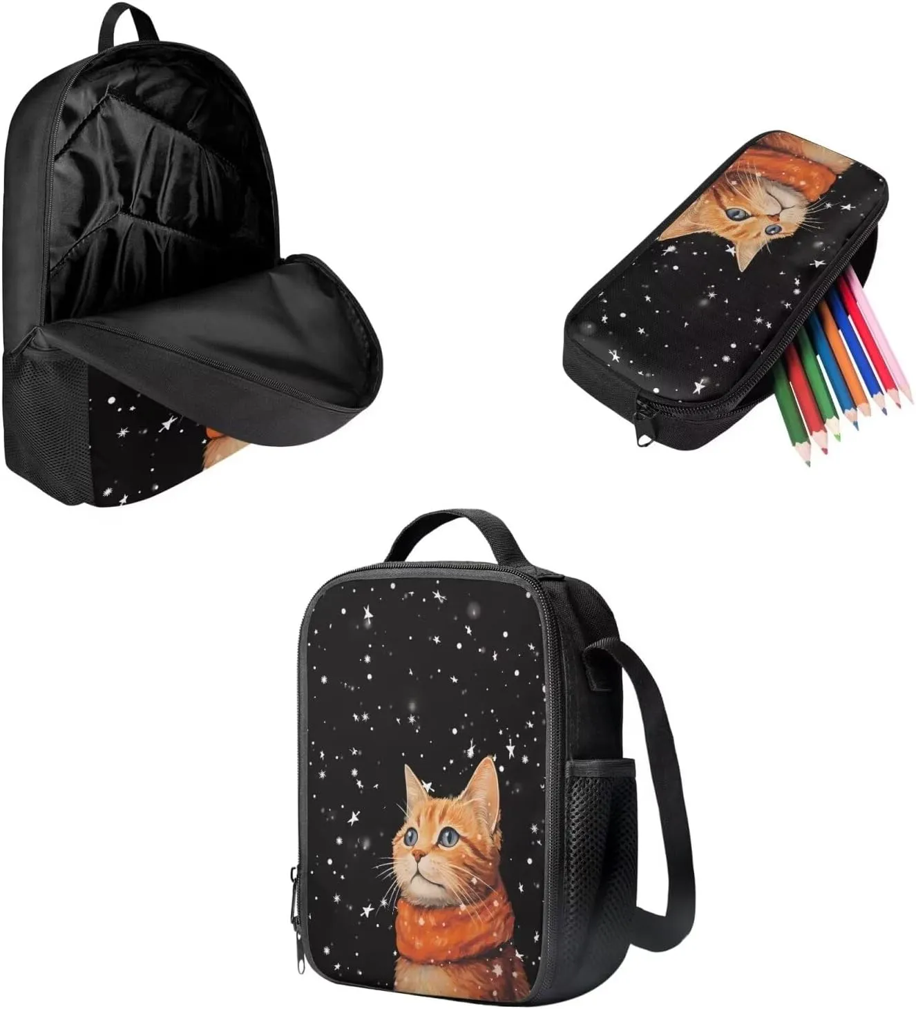 Mumeson Cute Cats Backpack Bookbag Set Back to School Supplies 3-Piece17 Inch Kids Backpack School Bags with Thermal Lunch Bags Small Pencase Pencase