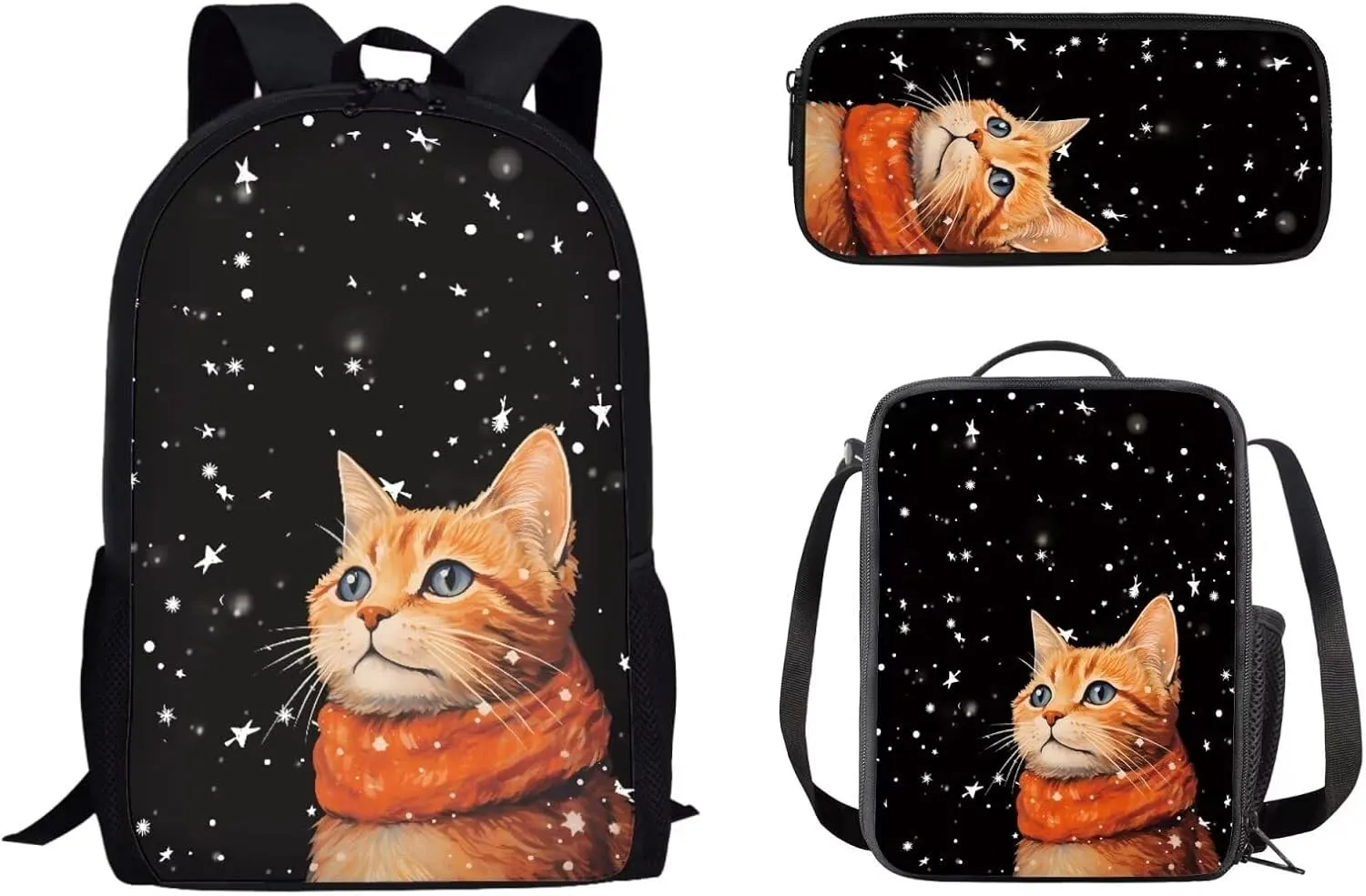 Mumeson Cute Cats Backpack Bookbag Set Back to School Supplies 3-Piece17 Inch Kids Backpack School Bags with Thermal Lunch Bags Small Pencase Pencase