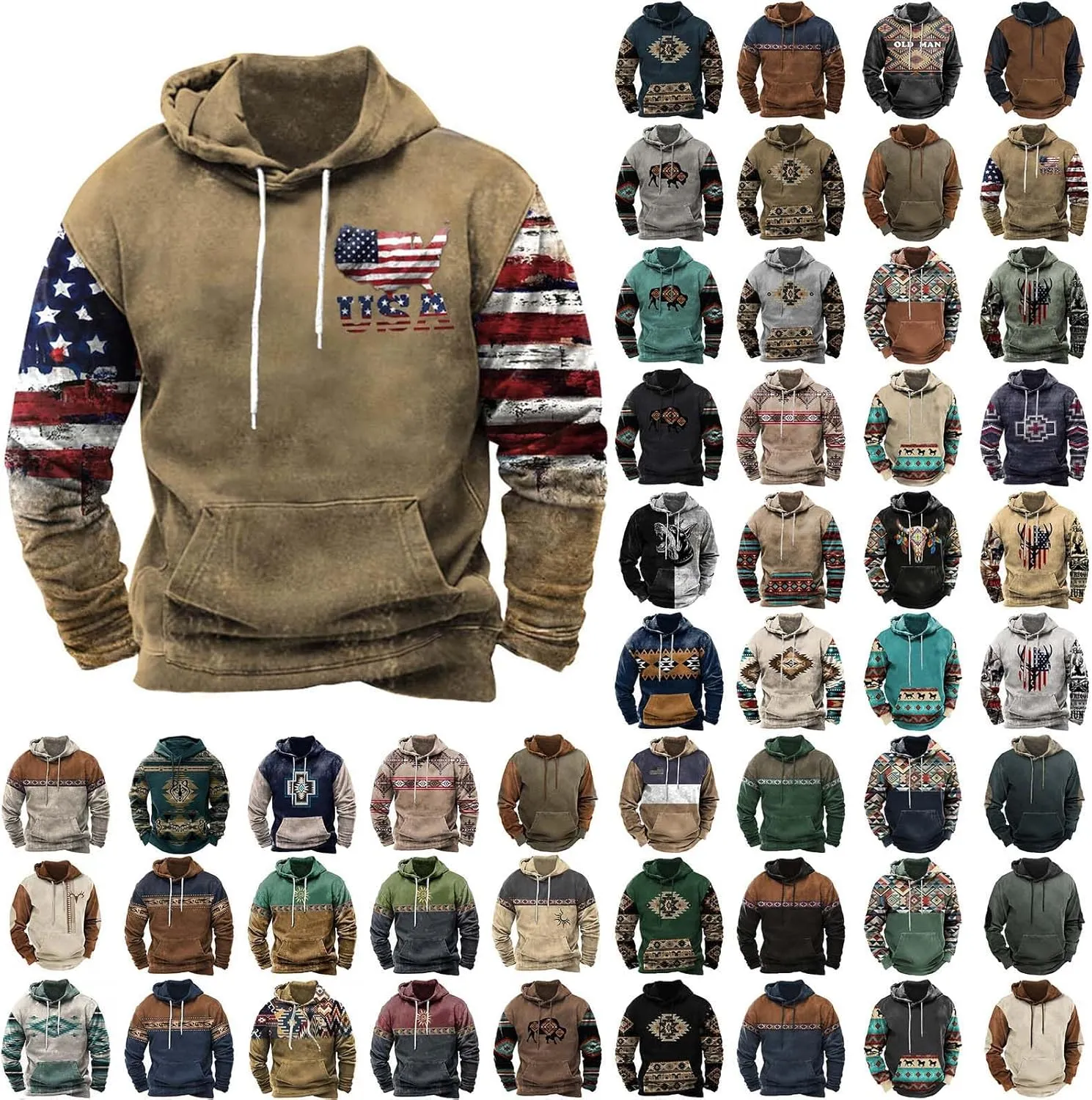 Muscularfit Hoodies for Men Fashion Drawstring Aztec Ethnic Print Hooded Sweatshirts Casual Long Sleeve 4th Of July Shirts