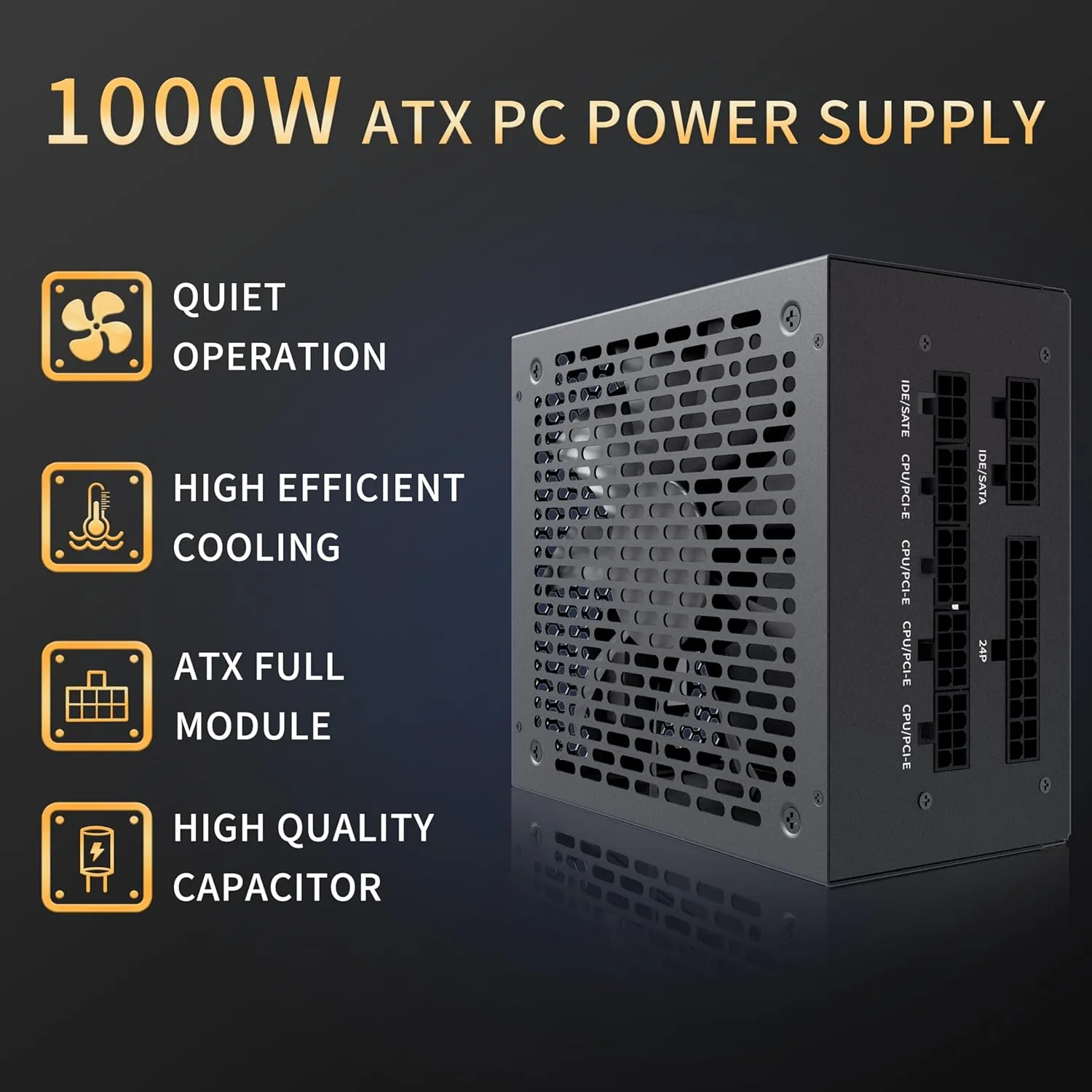 MUSETEX PC Power Supply 1000W, Full Modular ATX Power Supply, Multi Connectors Computer Power Supplies, 140mm Ultra Quiet Cooling Fan, PC PSU, Black (MU1000)