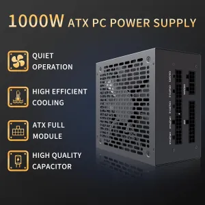 MUSETEX PC Power Supply 1000W, Full Modular ATX Power Supply, Multi Connectors Computer Power Supplies, 140mm Ultra Quiet Cooling Fan, PC PSU, Black (MU1000)
