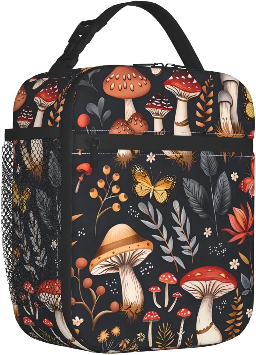 Mushroom Polyester Lunch Box for Kids Teen,Cute Reusable Thermal Lunch Bag for Adult Women,Butterfly Insulated Tote Cooler Bags for School, Work, Picnic,Travel,Autumnal Forest Fungi Design